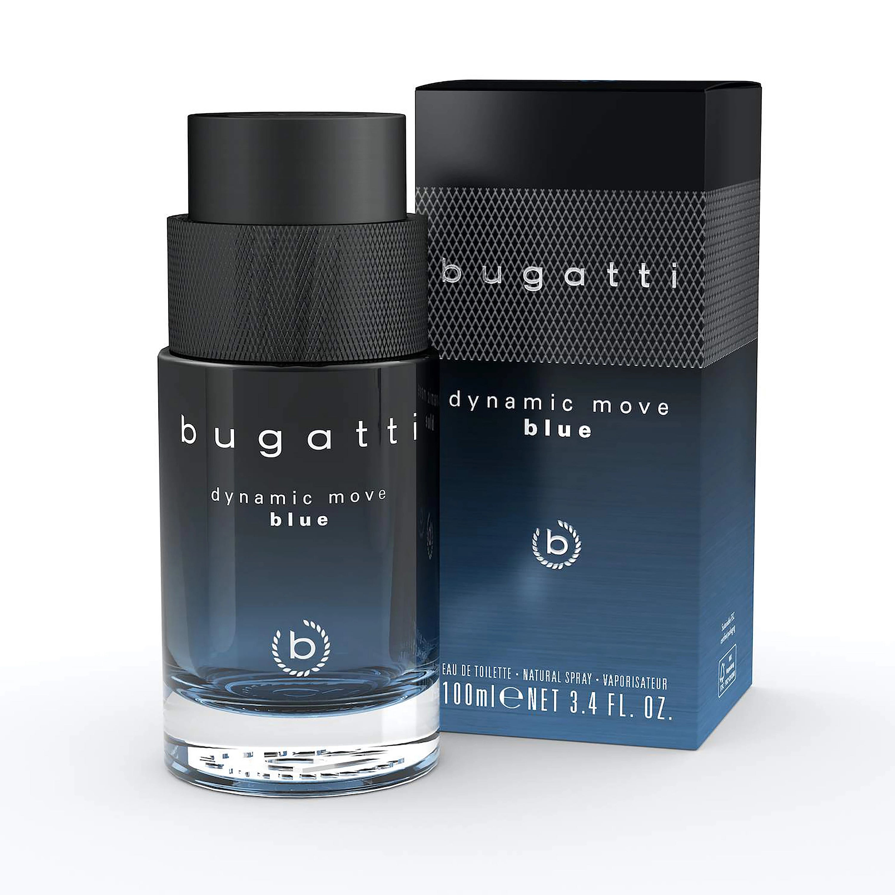 bugatti dynamic move blue Parfümflasche und Verpackung in elegantem Design.