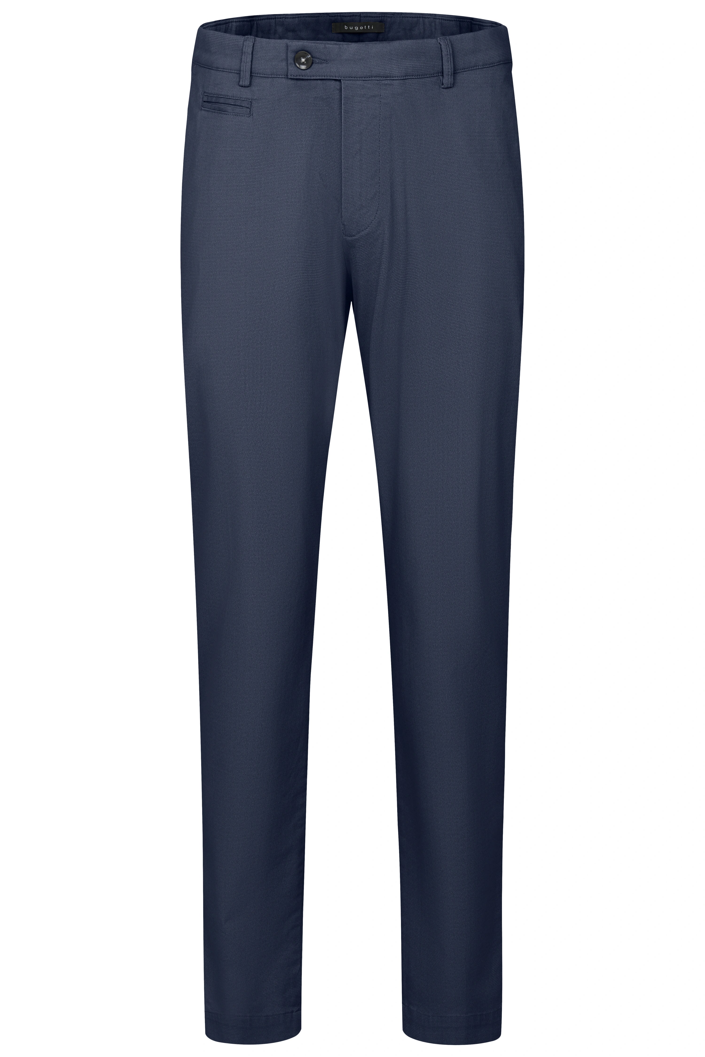 Elegante bugatti Herren-Chinohose in Dunkelblau, Büstenaufnahme.