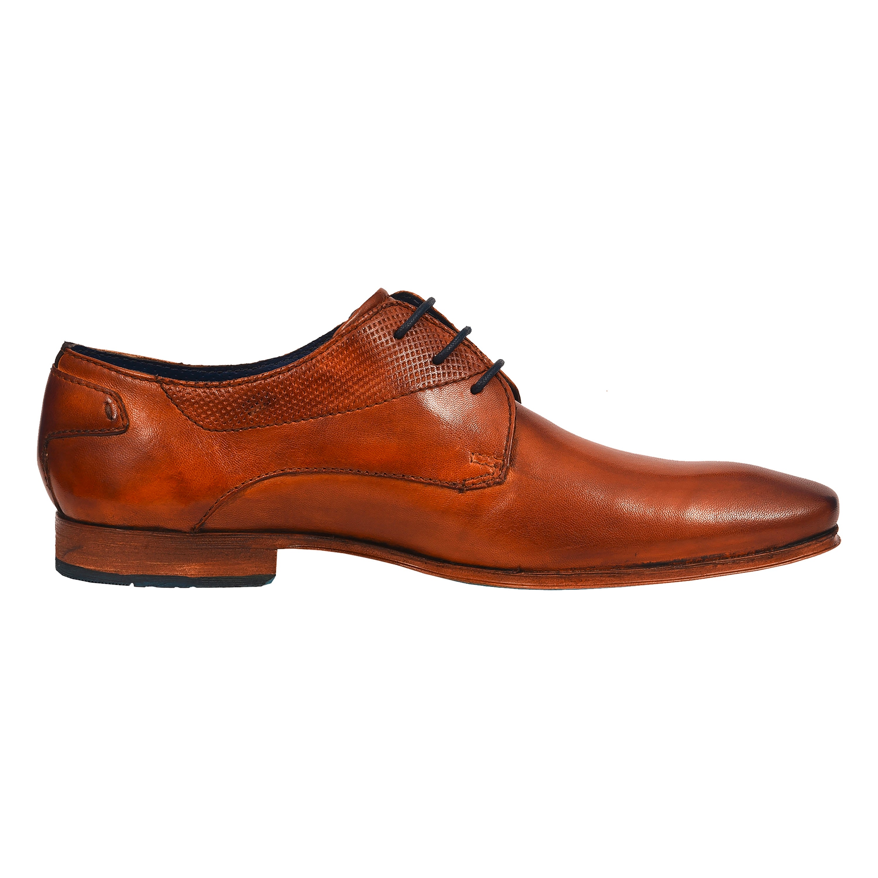 bugatti brown leather shoe with fine texture and laces, side view, elegant design.