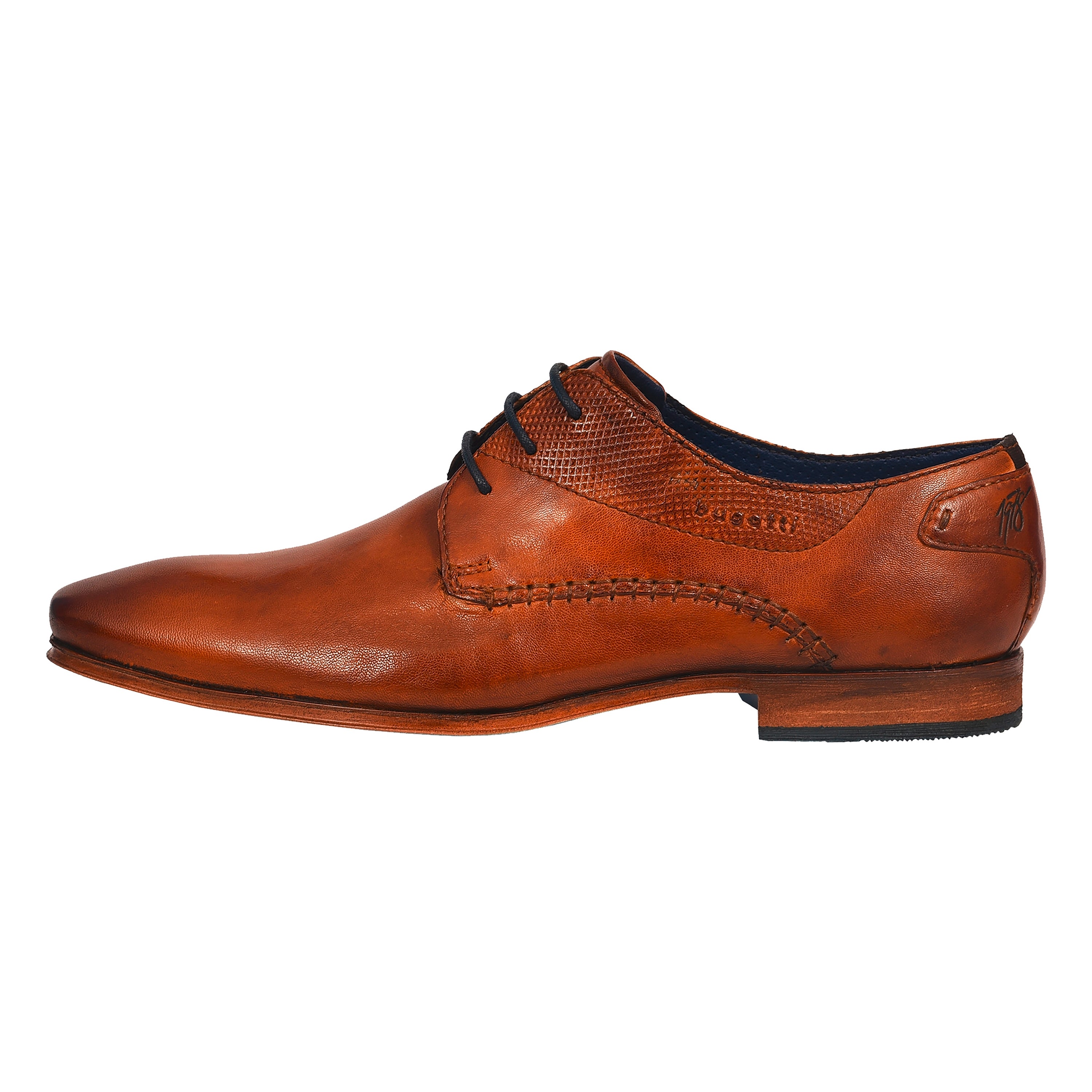bugatti leather shoe in cognac, elegant side view, classic lacing, perfect everyday companion.