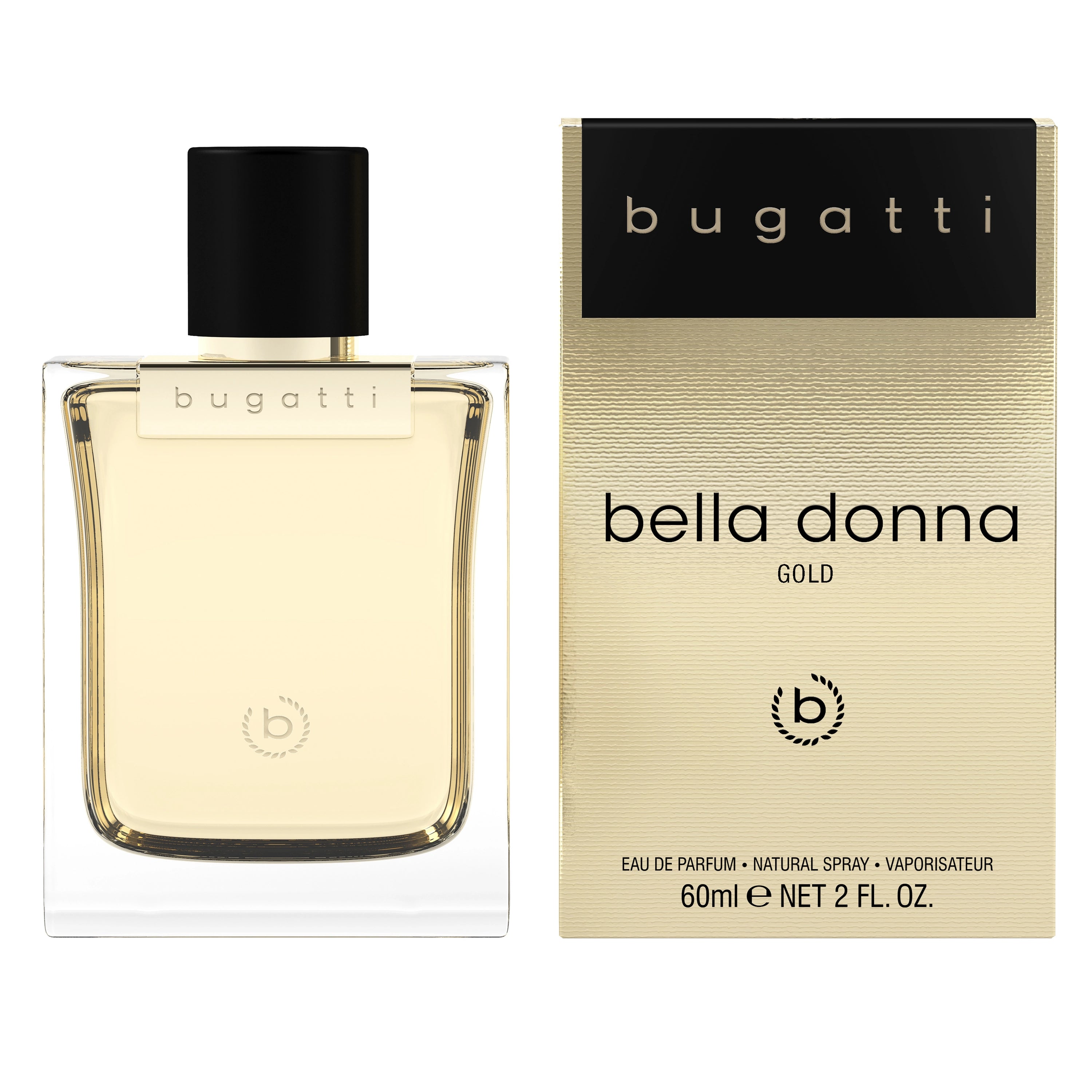 bugatti Bella Donna Gold Parfümflasche und Verpackung, elegantes Design in Gold und Schwarz.