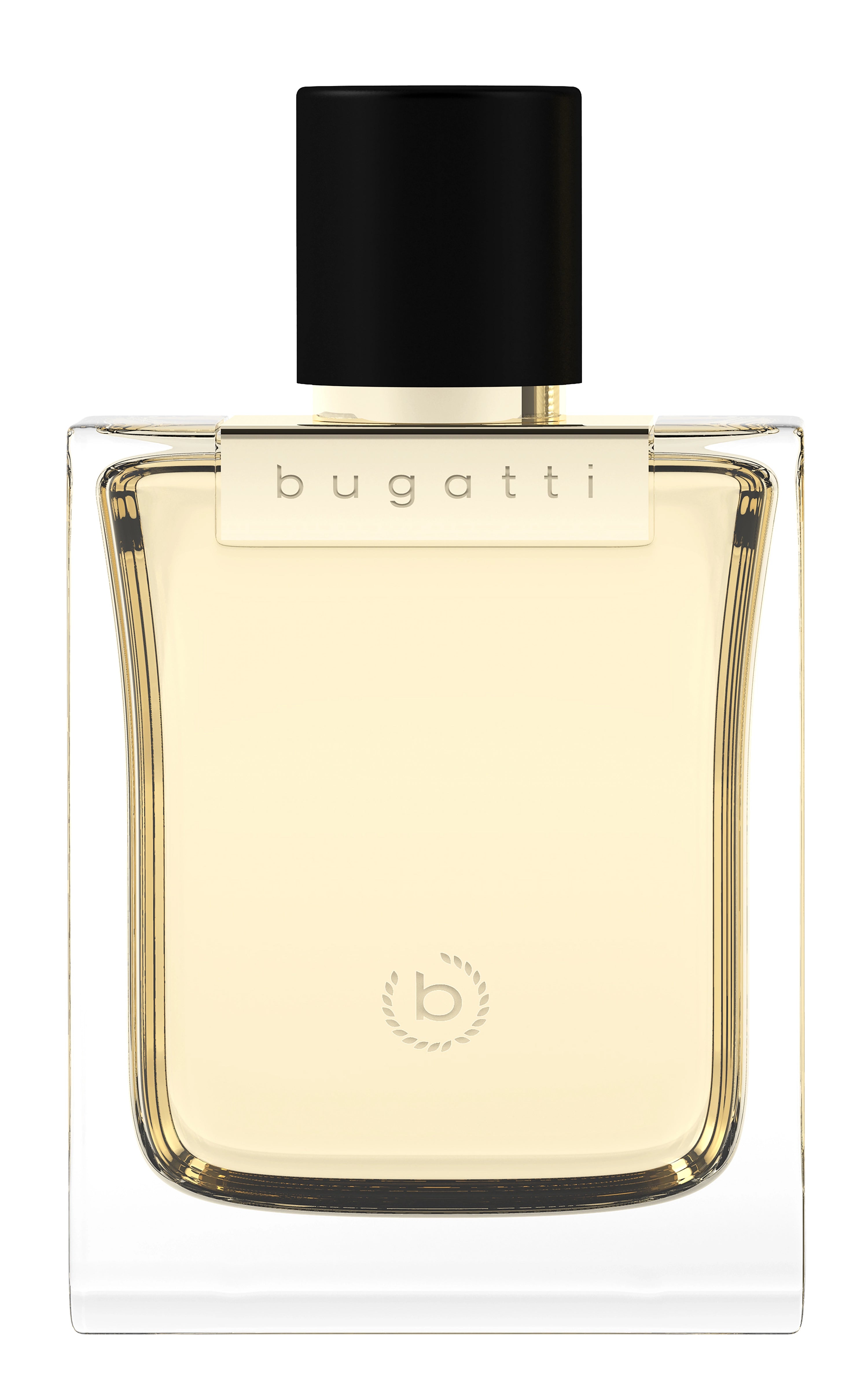 bugatti Parfumflakon, elegantes Design, klarer Glasflakon mit schwarzem Verschluss.