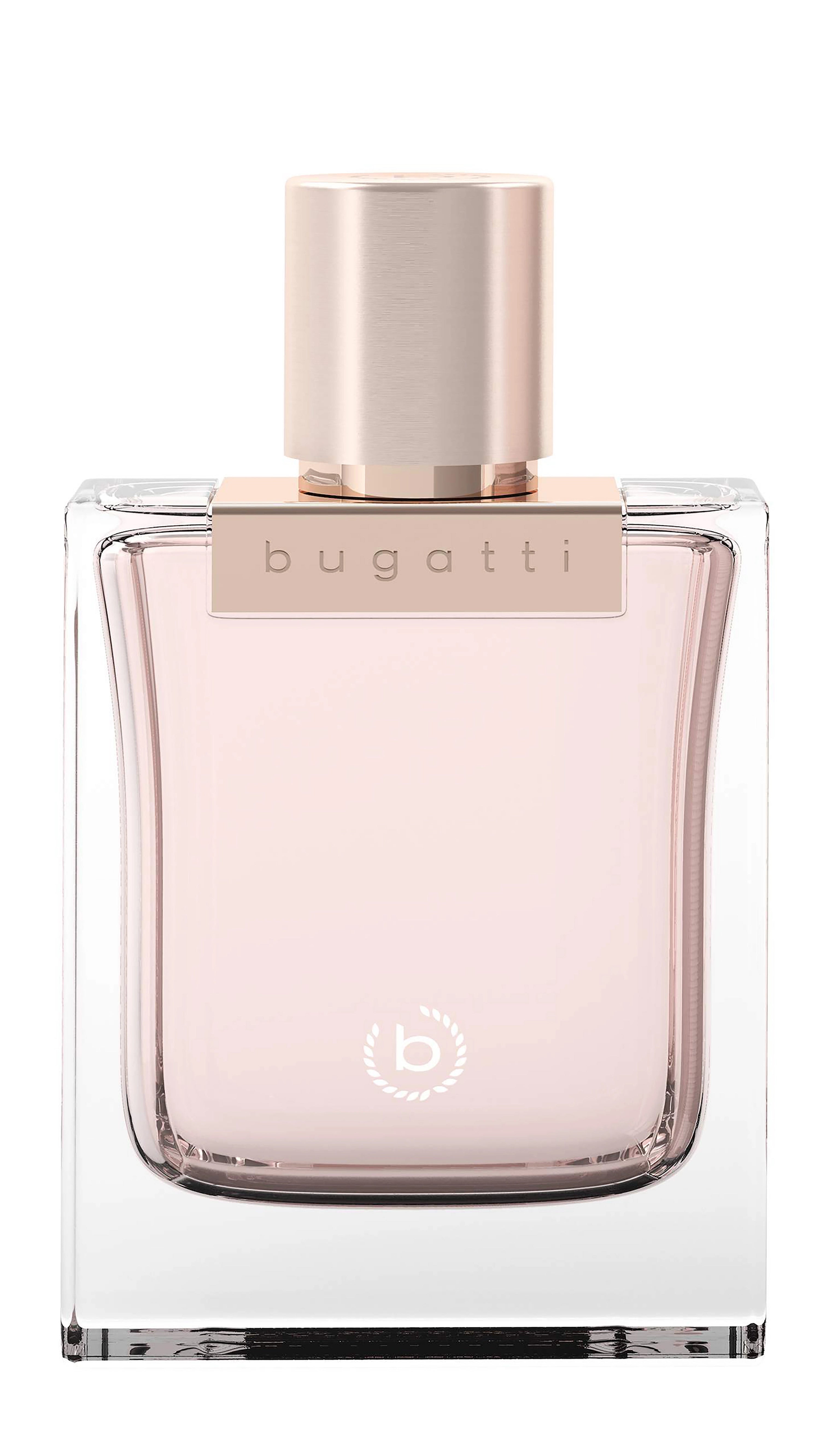 bugatti Parfümflakon in elegantem, klaren Design mit roségoldenem Verschluss, vermittelt Luxus und Stil.