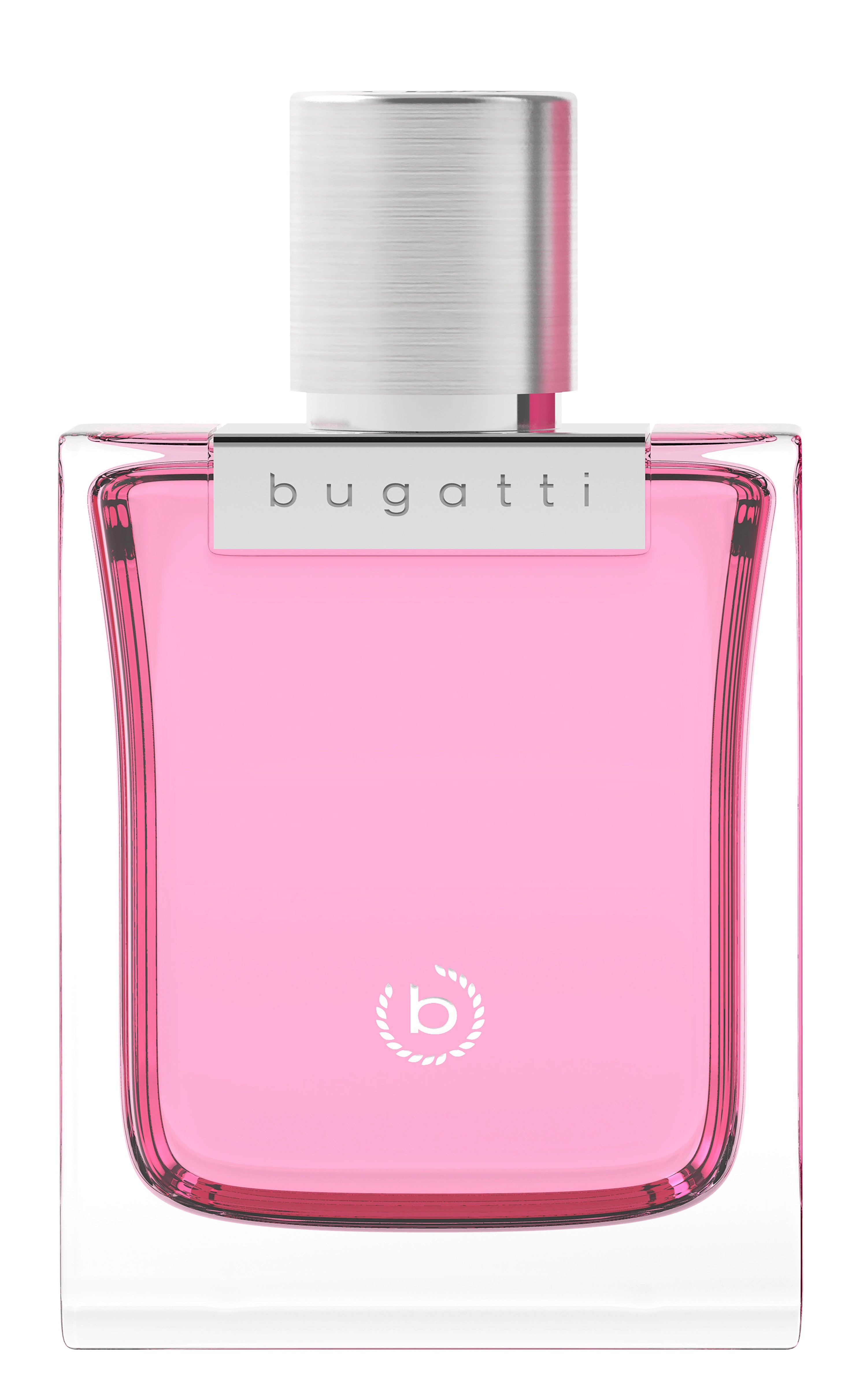 Klares, elegantes bugatti Parfümflakon in Rosa mit silbernem Verschluss.