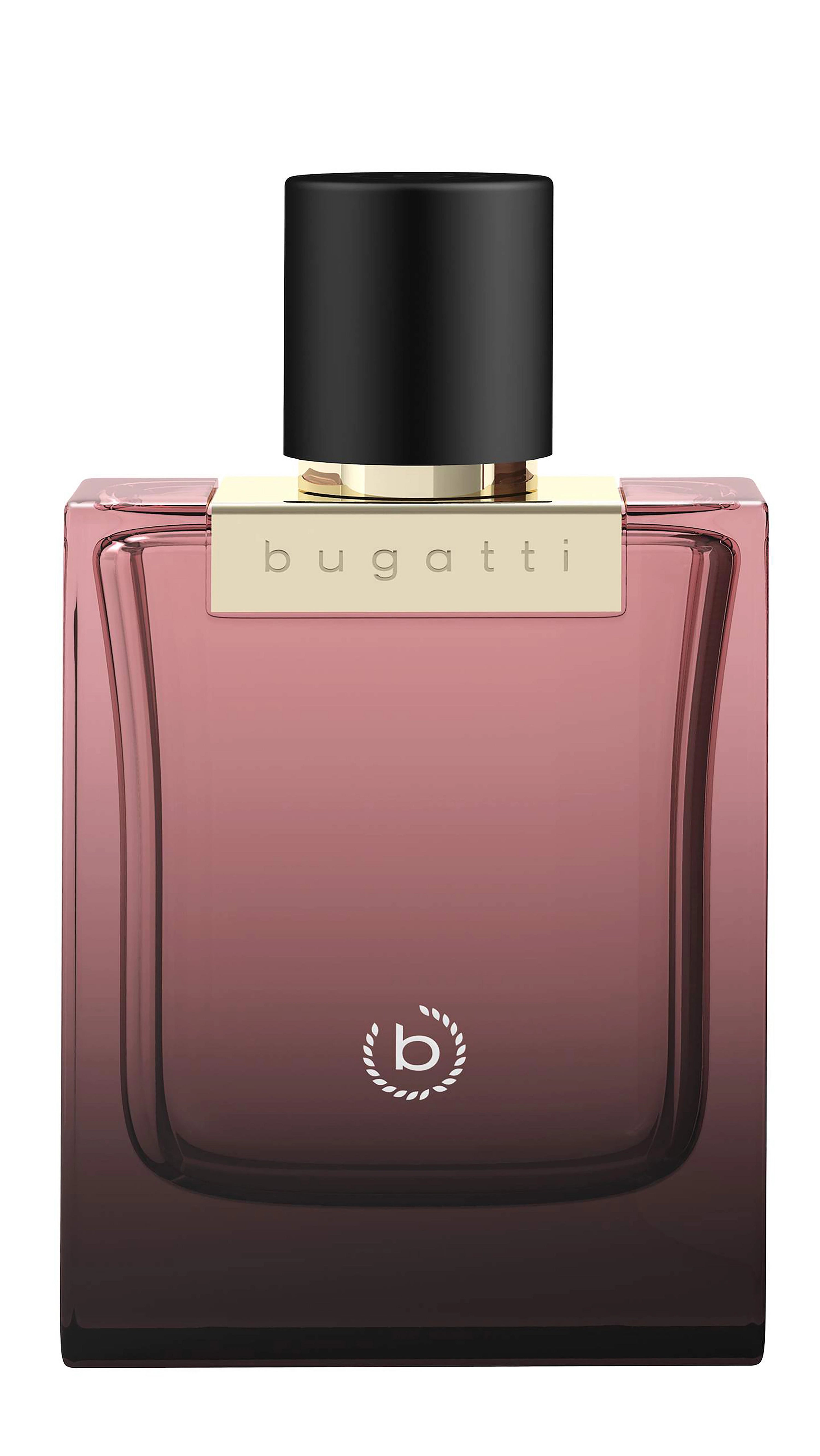 Flakon aus Glas mit schwarzem Deckel und goldener "bugatti" Prägung auf dem Verschluss.