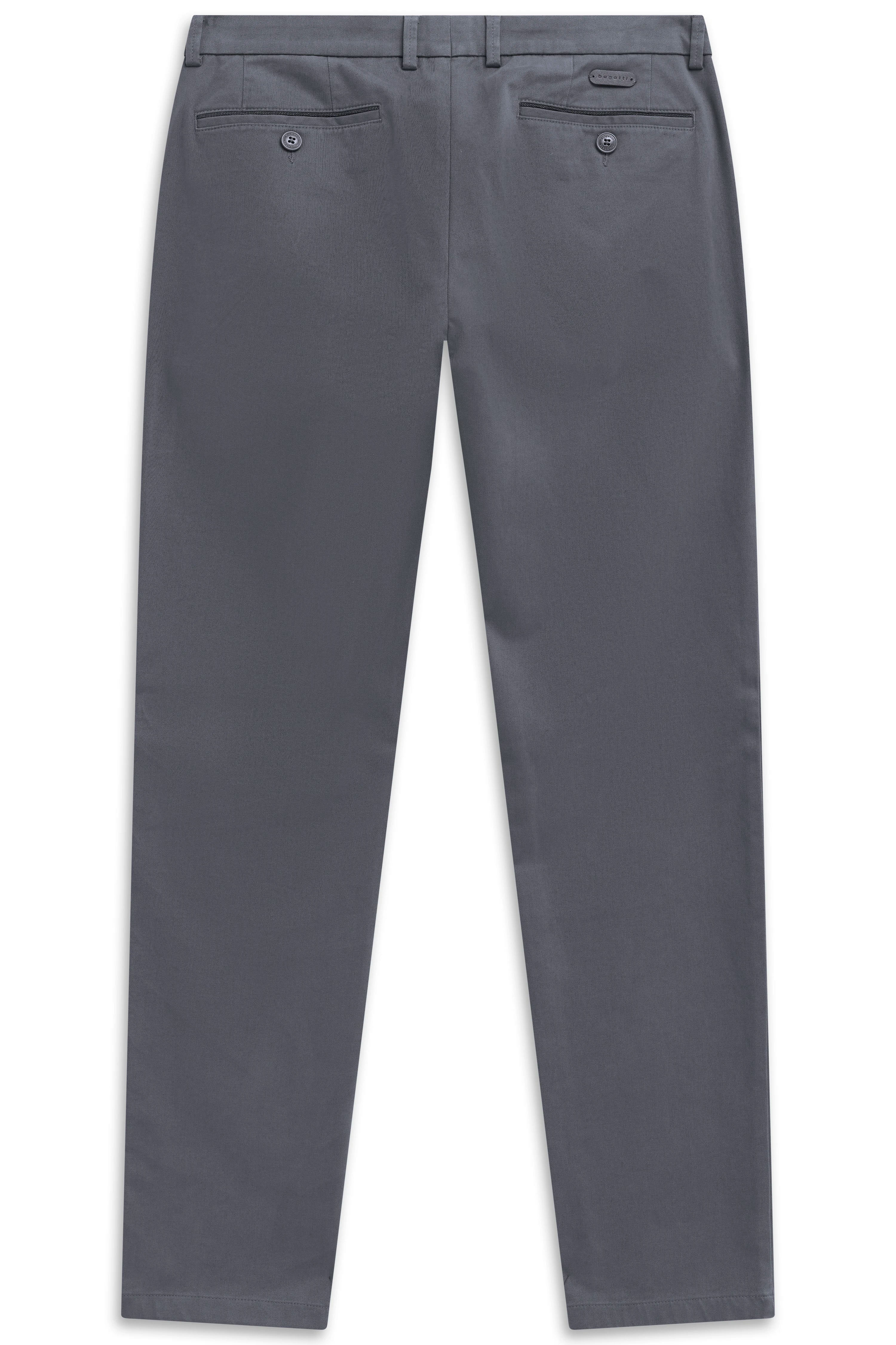 Graue bugatti Chinohose in klassischem Design, Büstenaufnahme.