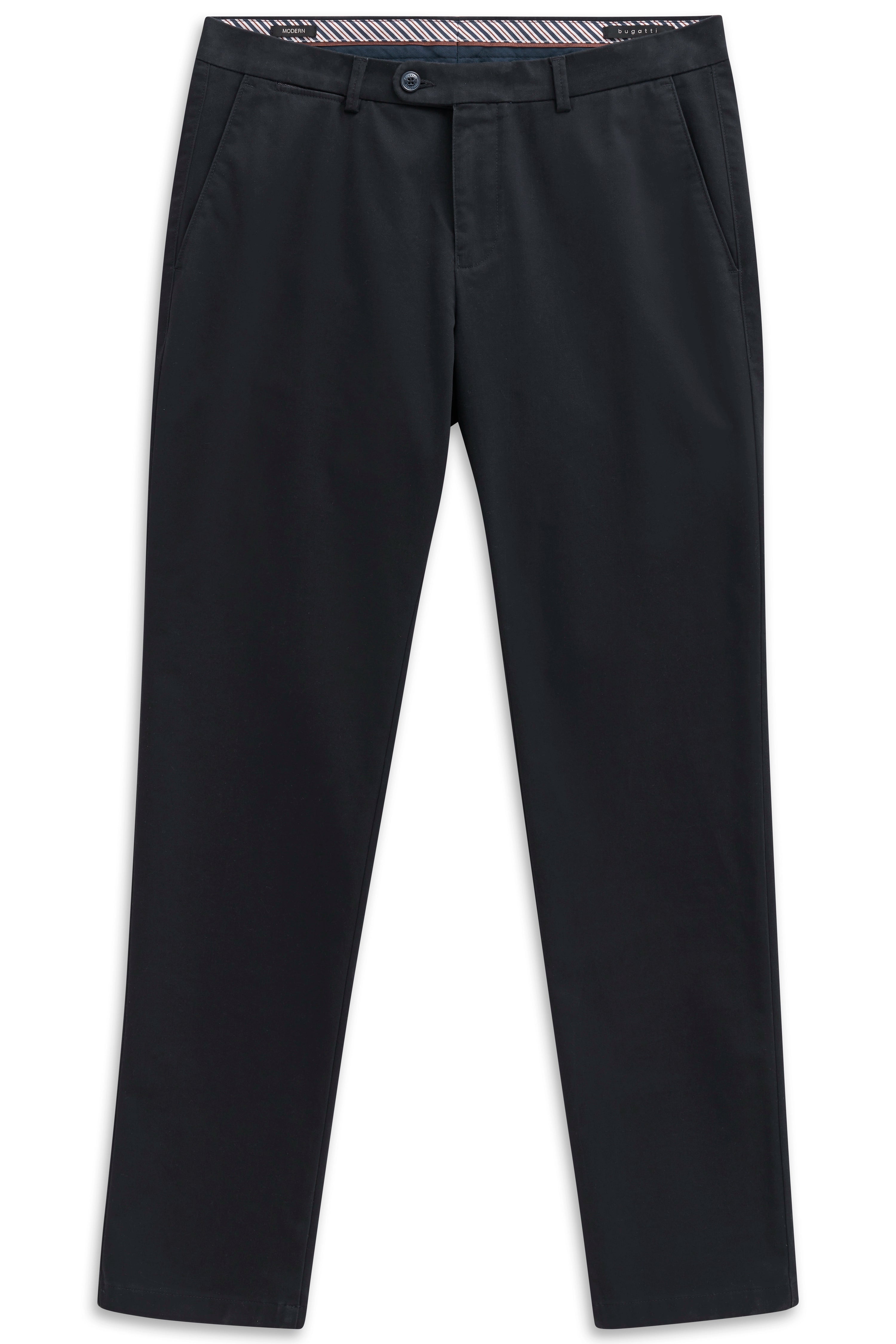 Schwarze bugatti Chinohose, legeres Büstenbild, zeitloses Design, hochwertige Materialien.