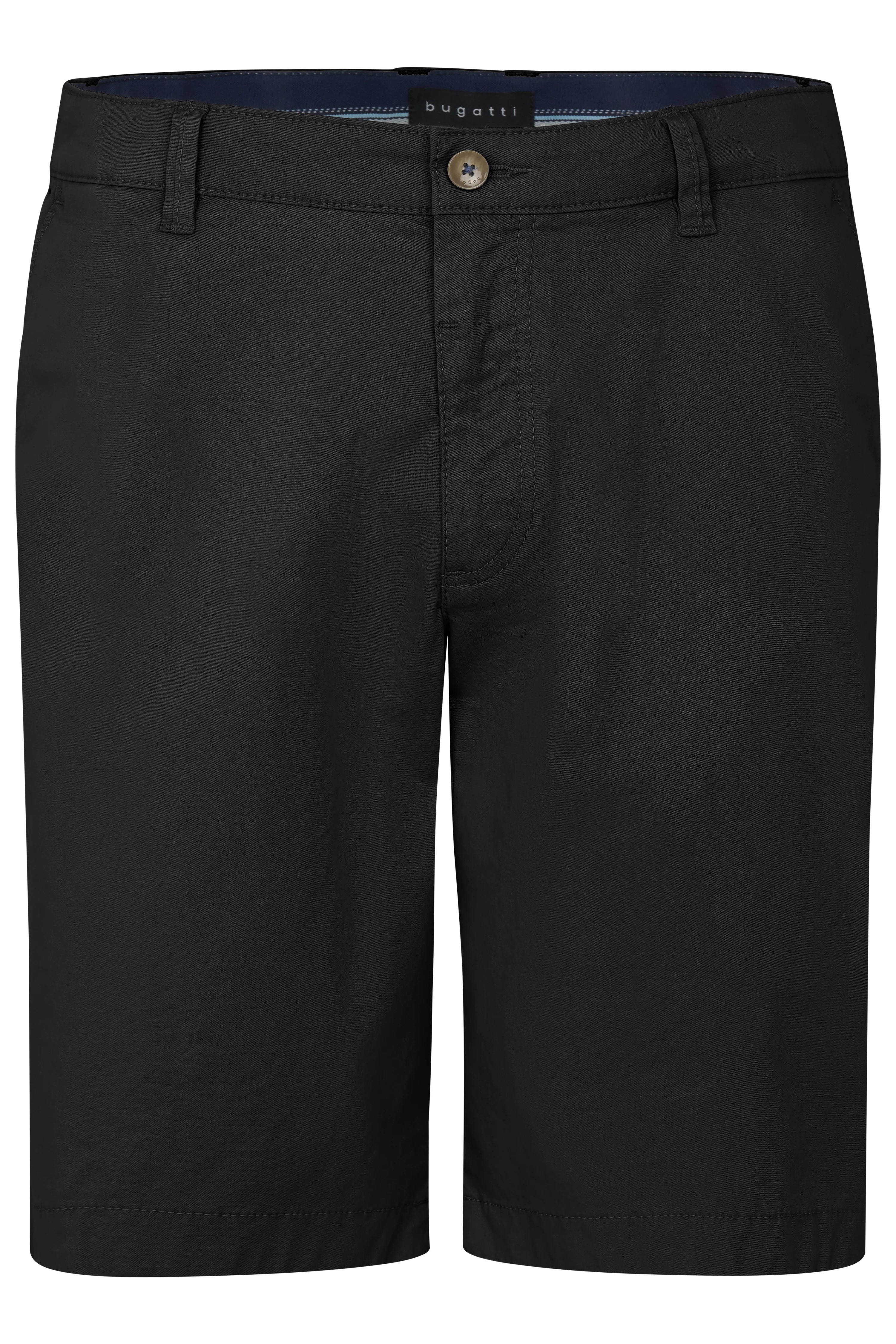 Schwarze bugatti Herren-Shorts, elegantes Design. Büste, kein Model. Ideal für stilvolle Freizeitlooks.