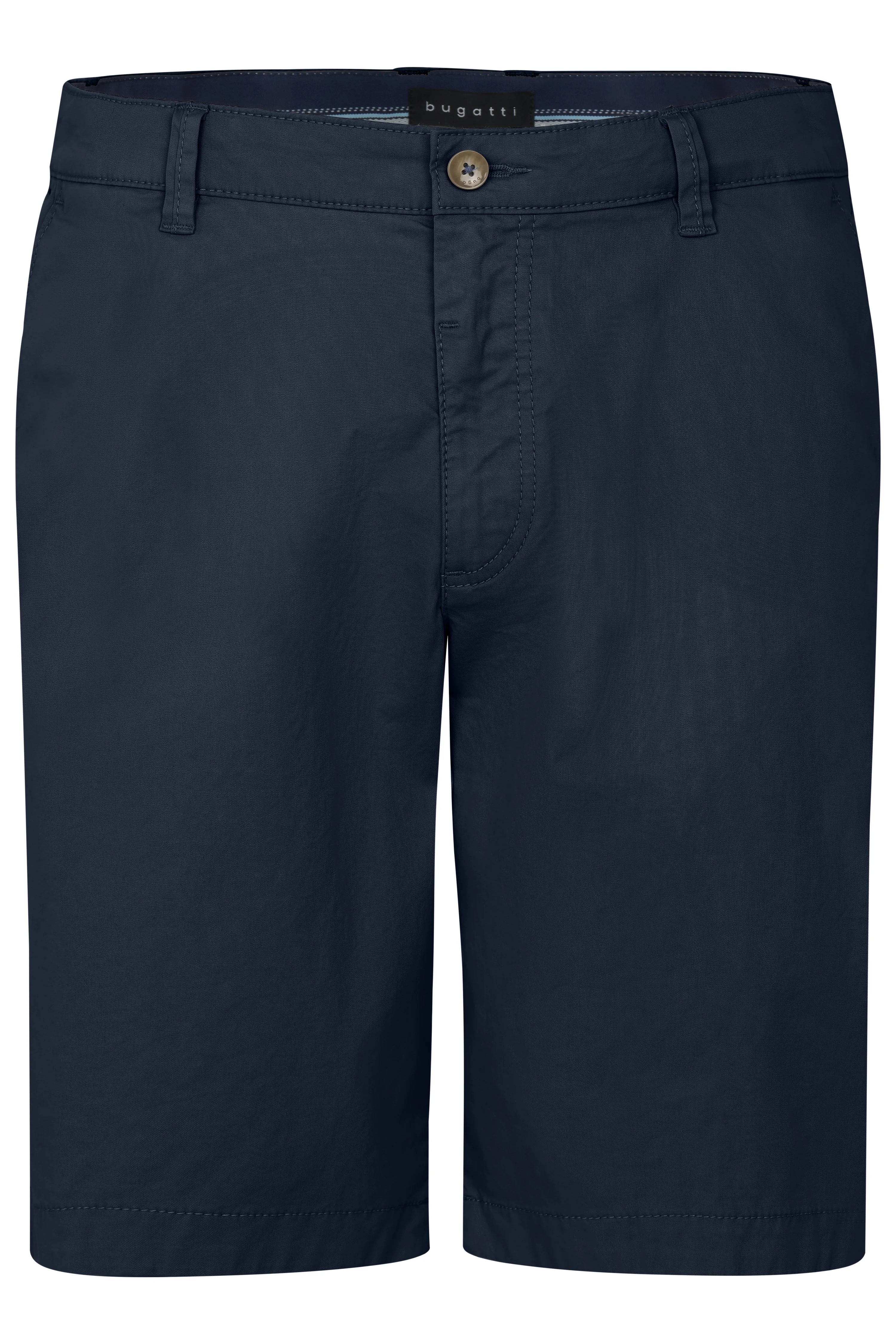 Navy blaue Shorts von bugatti, Büstenbild, minimalistisches Design, klassische Eleganz.