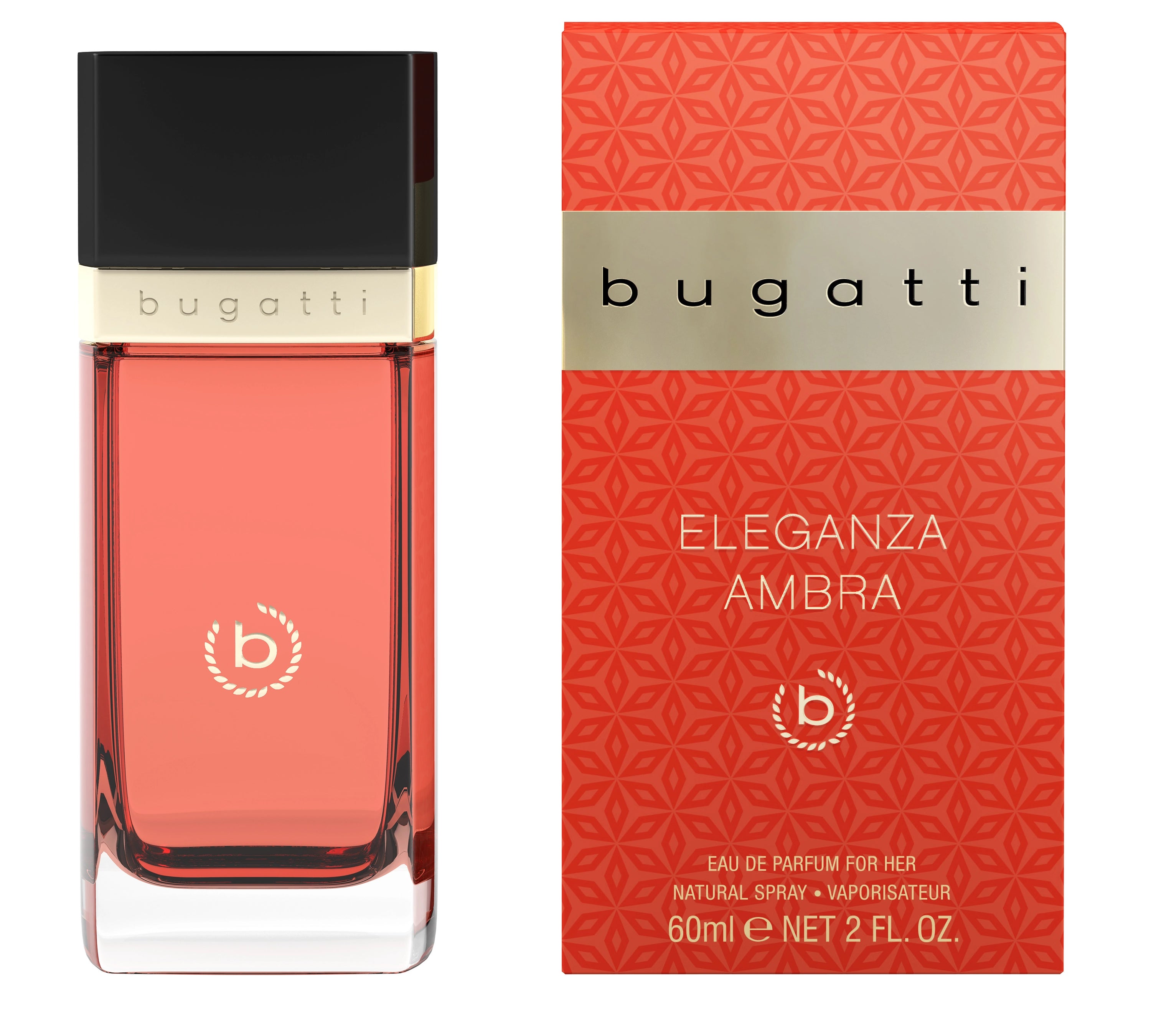 "bugatti Eleganza Ambra Parfüm in elegantem Flakon mit passender, stilvoller Verpackung in Rot und Gold."