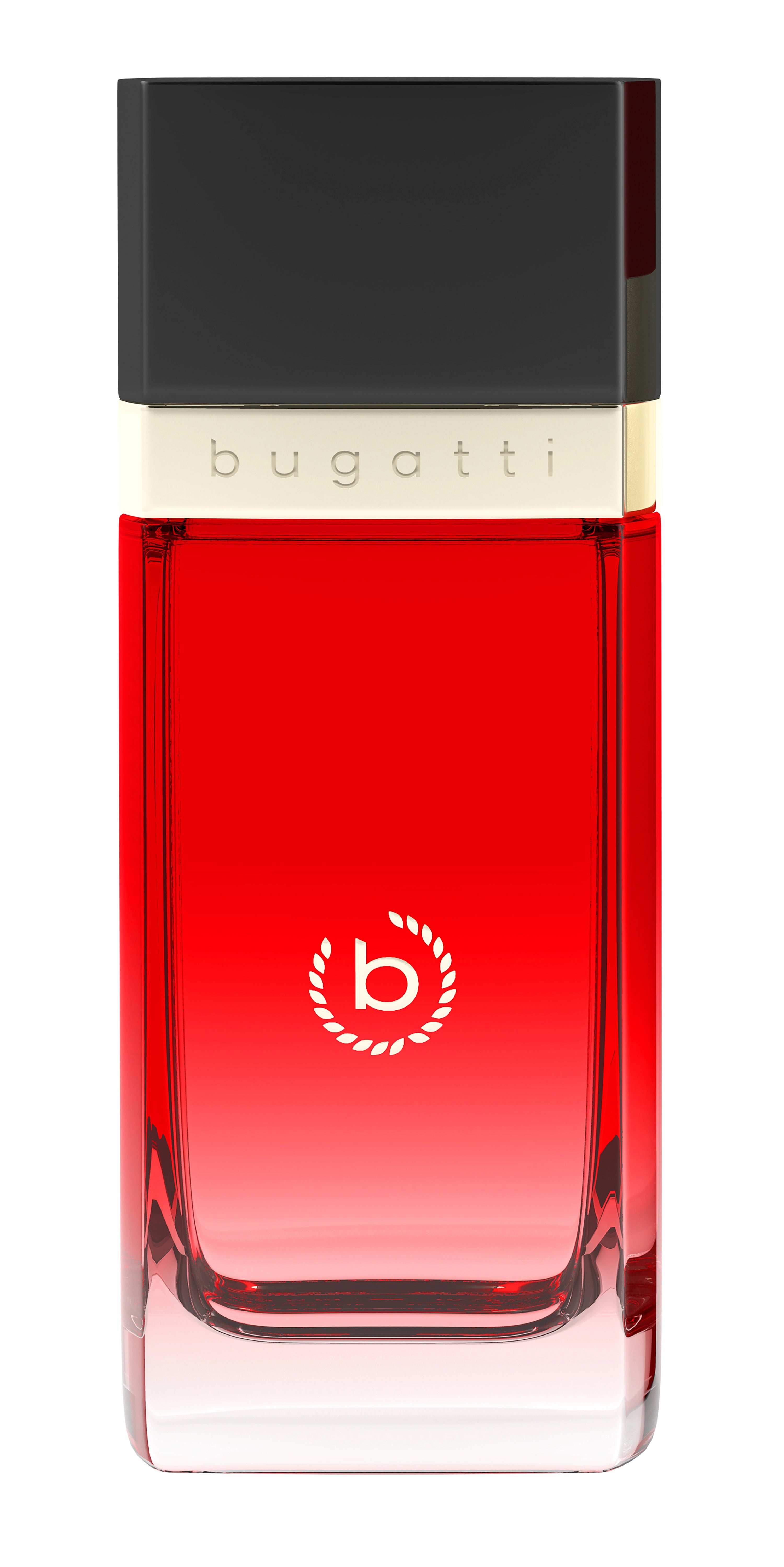 bugatti Parfümflakon in Rot mit schwarzem Deckel, elegantes Design.