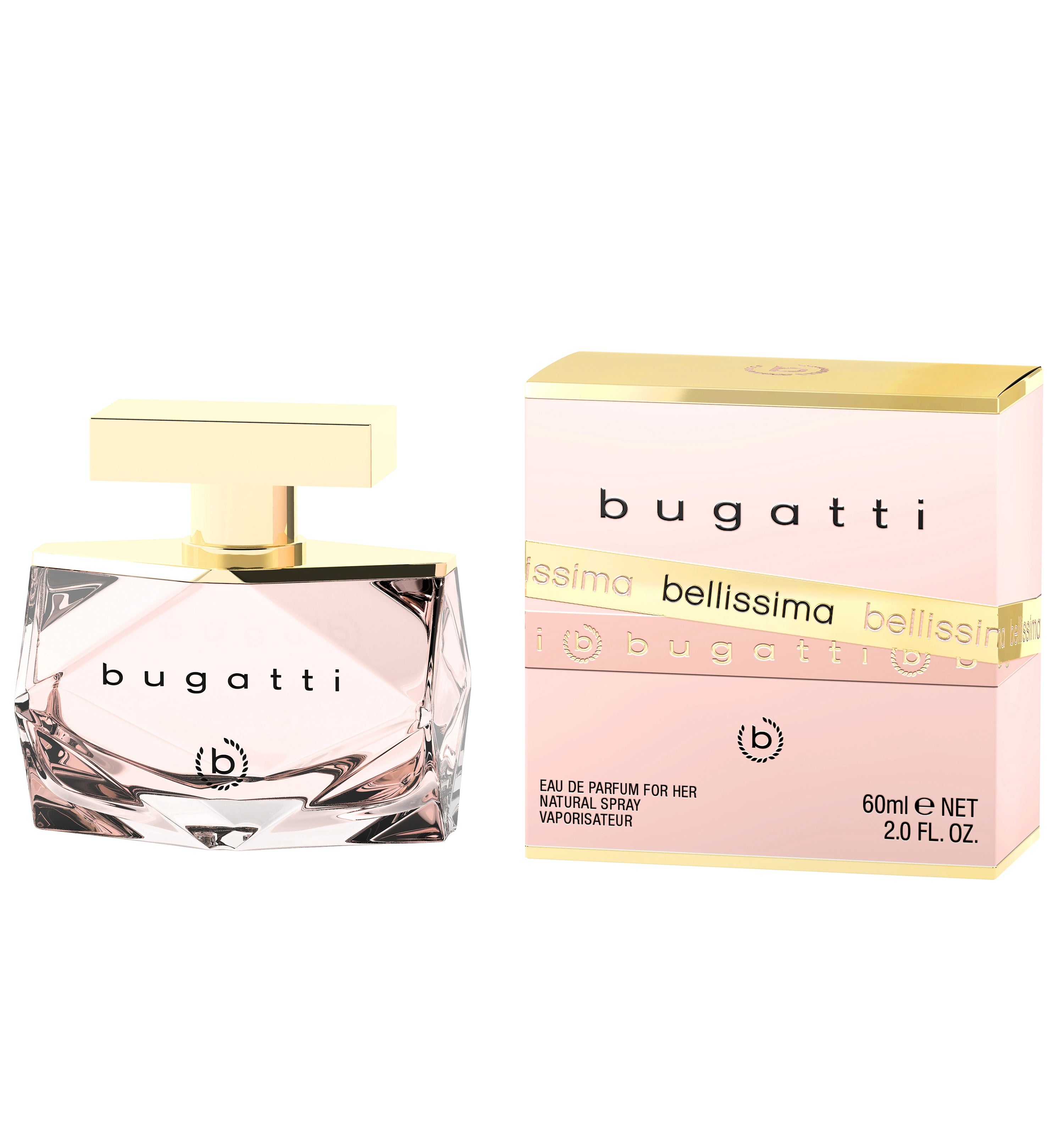 "bugatti Bellissima Parfumflasche und Box in elegantem Design mit goldenen Akzenten, 60ml."
