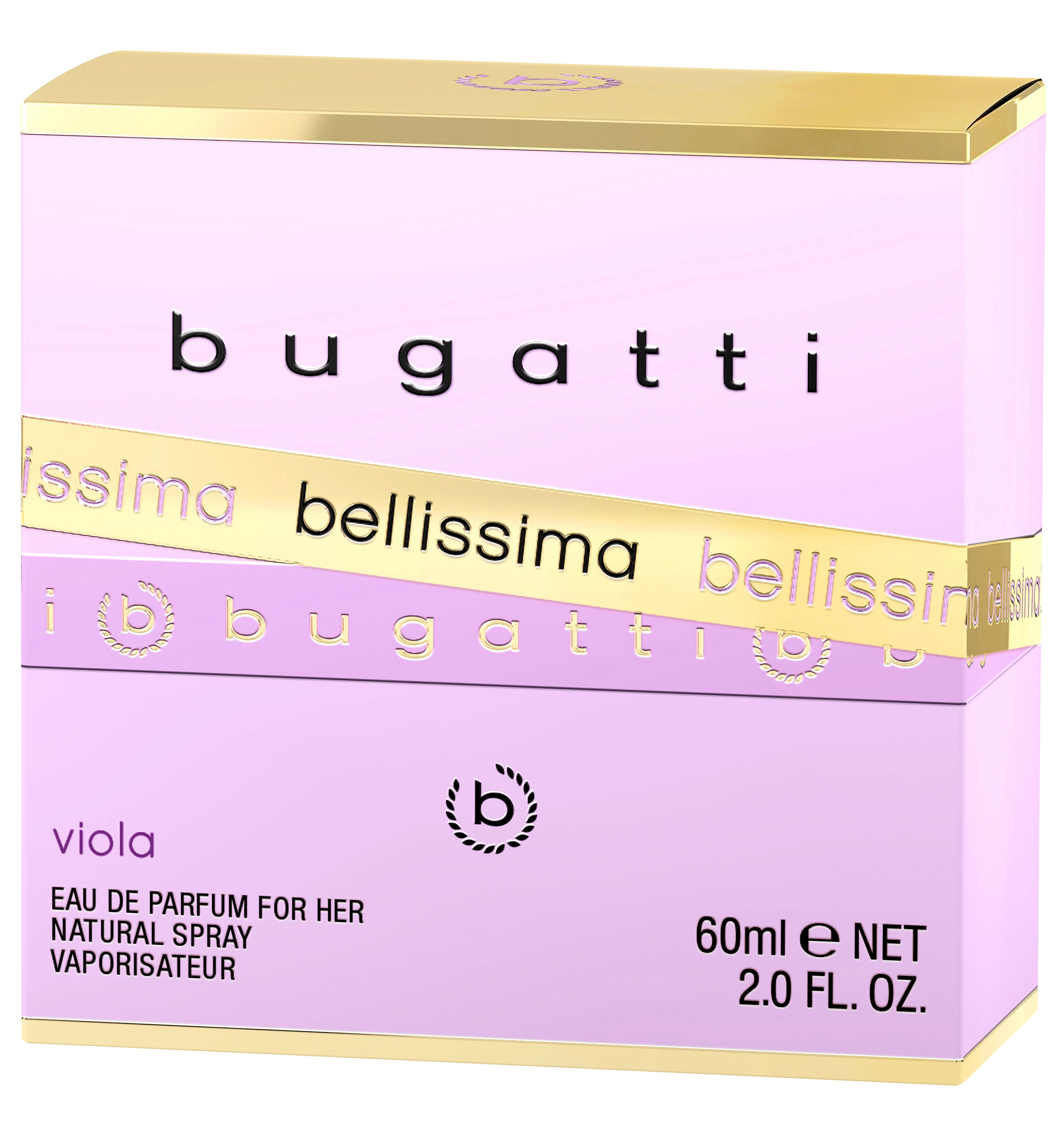 "bugatti Bellissima Parfum, violette Box mit goldenen Akzenten, stilvoll und elegant."