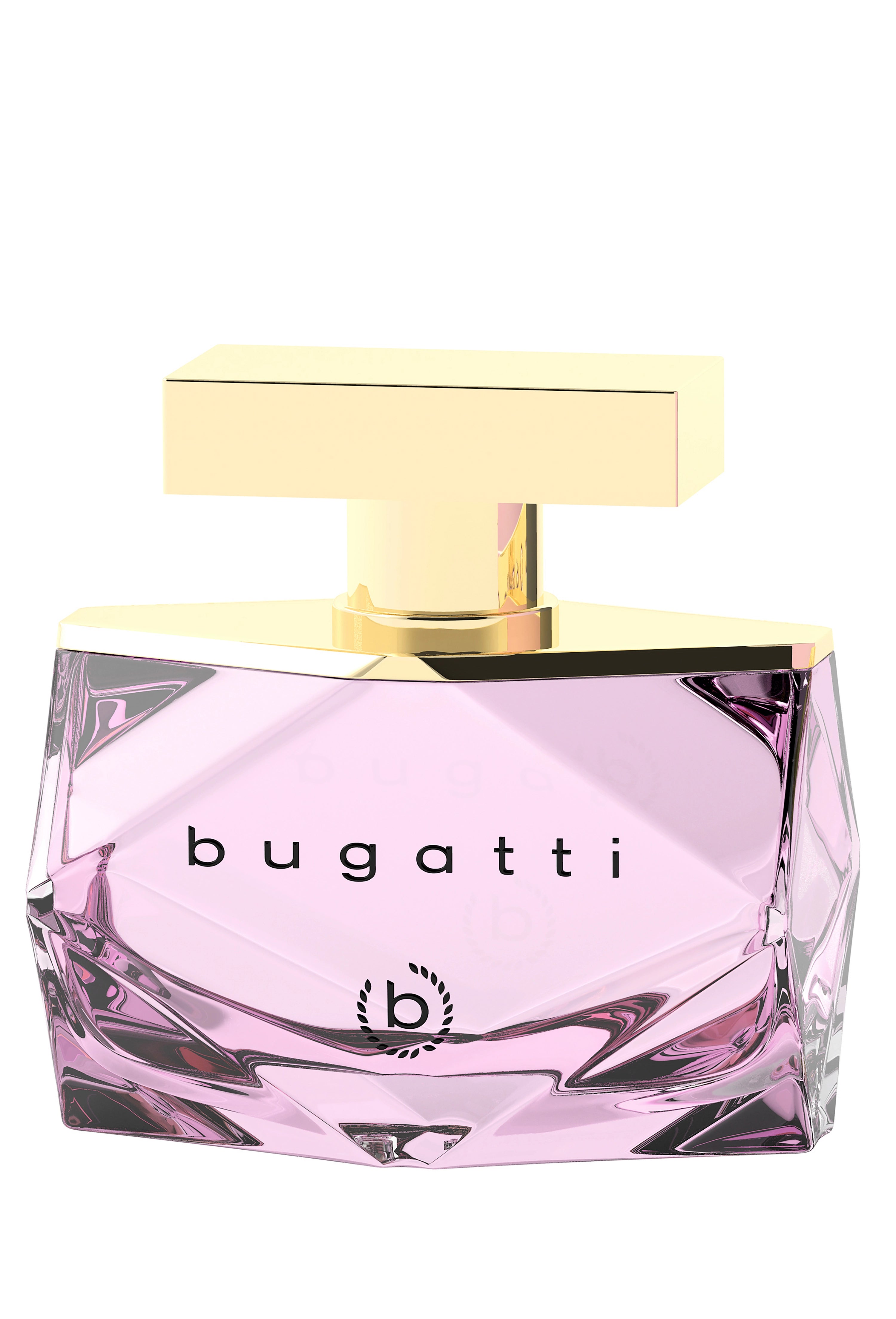 Luxuriöser bugatti Parfümflakon, facettiertes Design, goldener Verschluss, zartrosa Duft.