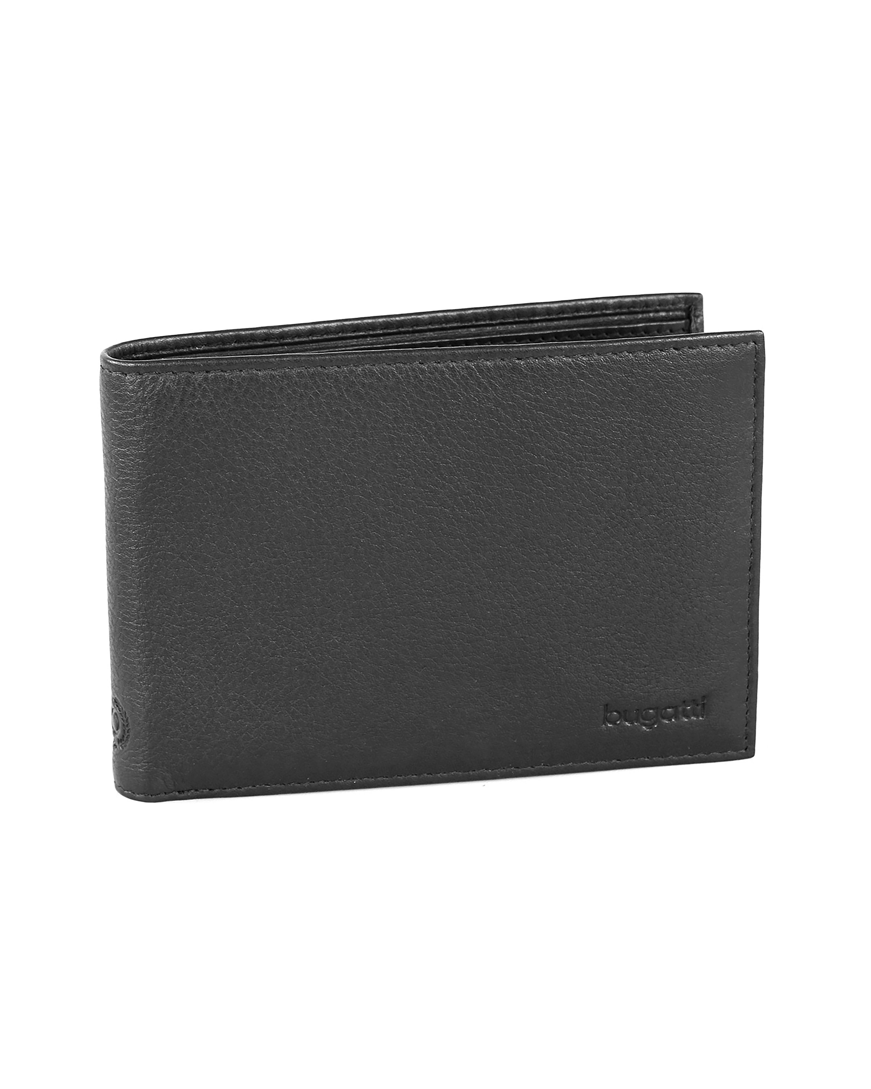 Schwarze bugatti Geldbörse aus Leder, elegantes Design, Büstenbild.