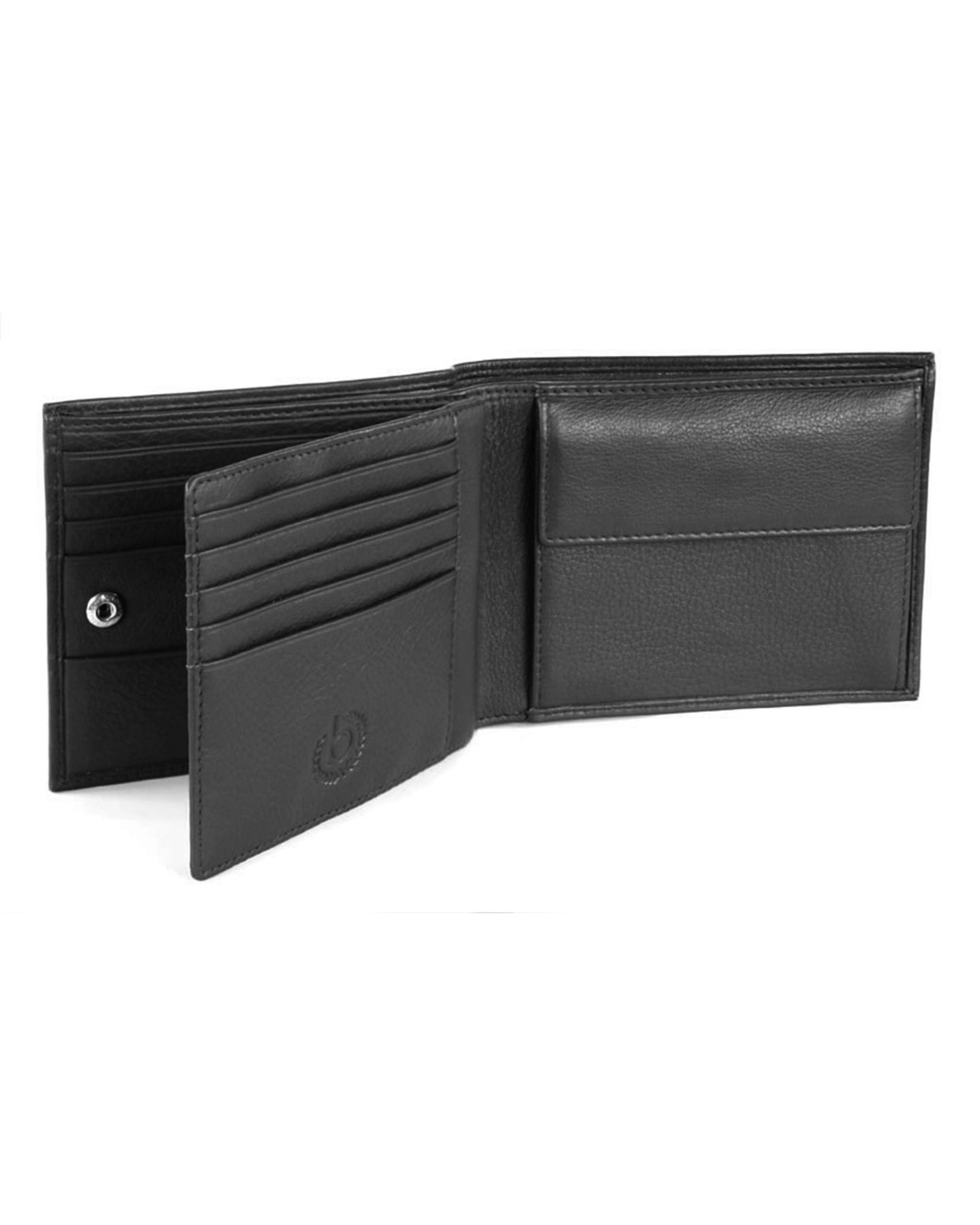 Schwarze bugatti Geldbörse aus Leder mit mehreren Kartenfächern und Münzfach, elegant und zeitlos.