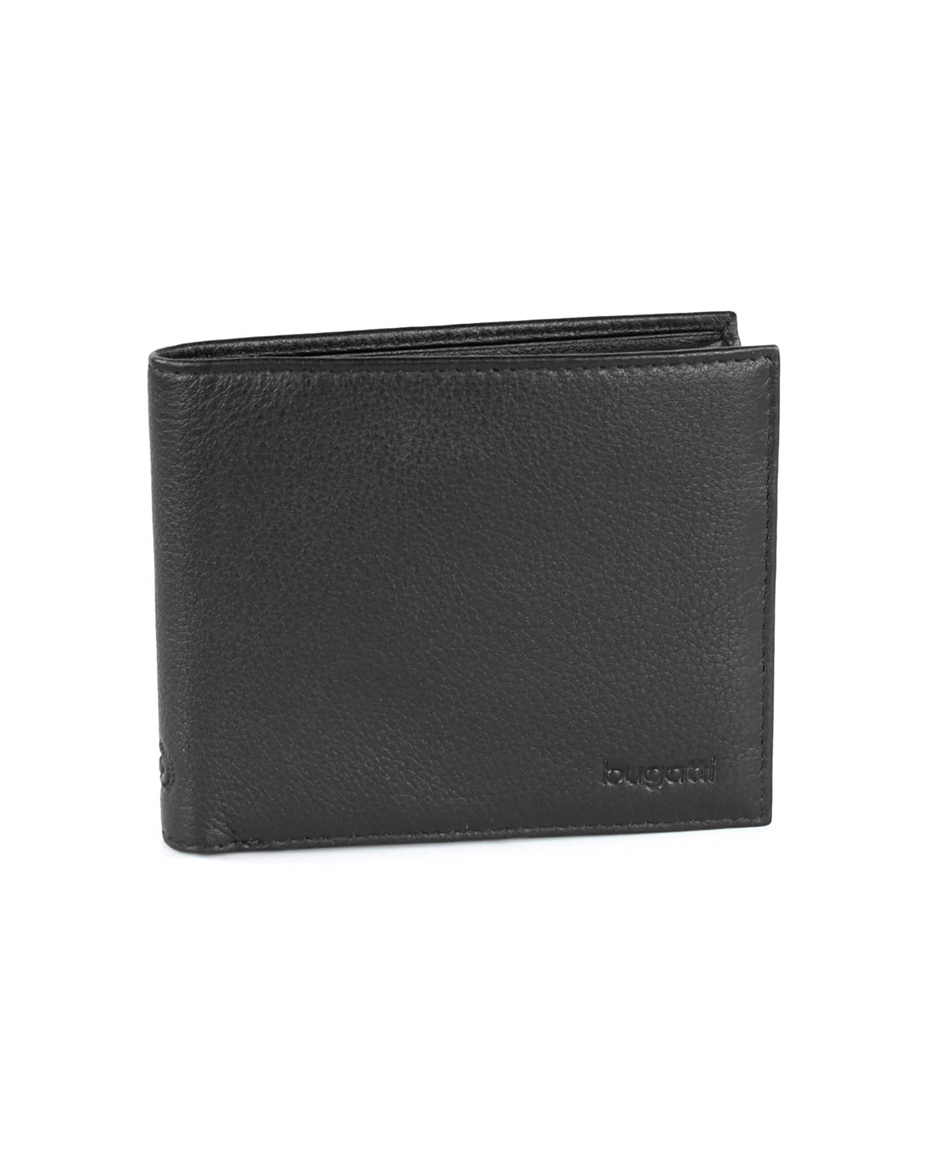 Schwarze bugatti Geldbörse aus Leder, Büstenbild, minimalistisches Design.