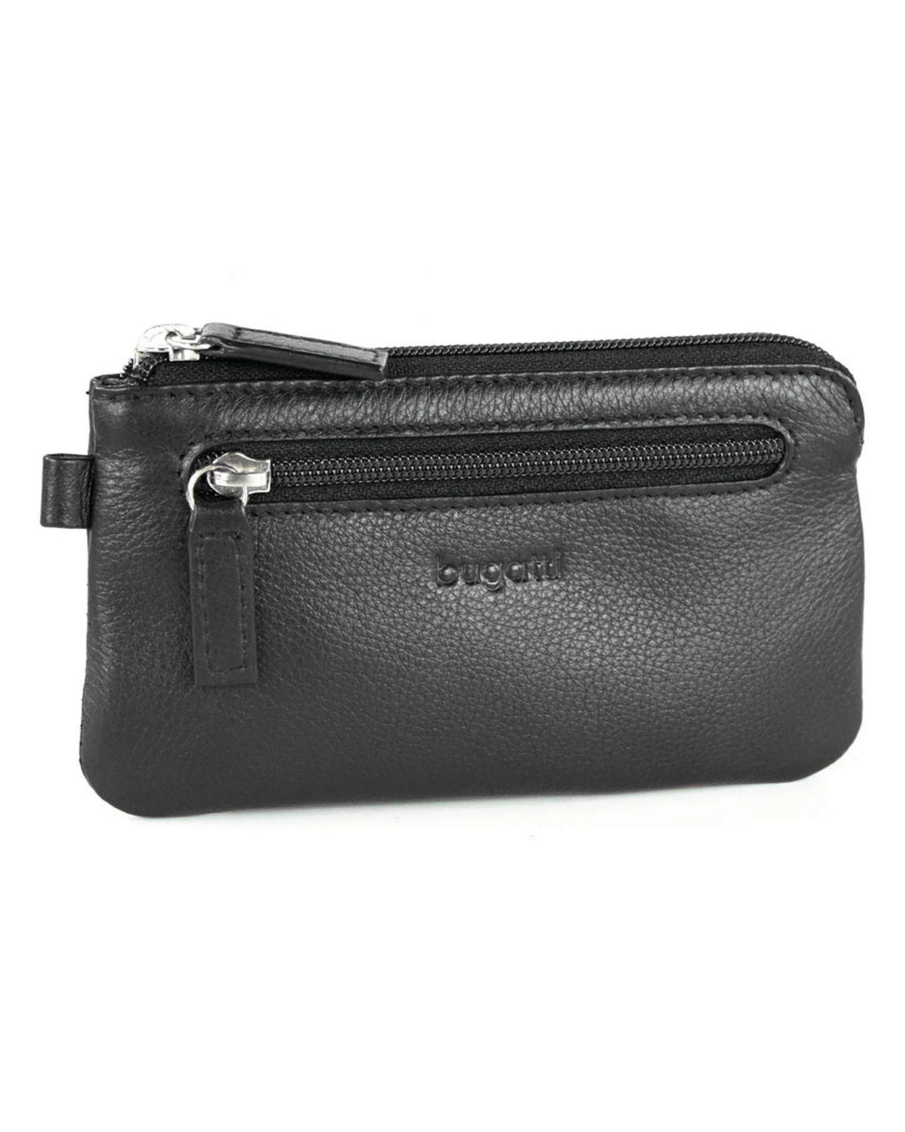 bugatti schwarze Leder-Geldbörse mit Reißverschluss, elegantes Design, Produktbild ohne Model.