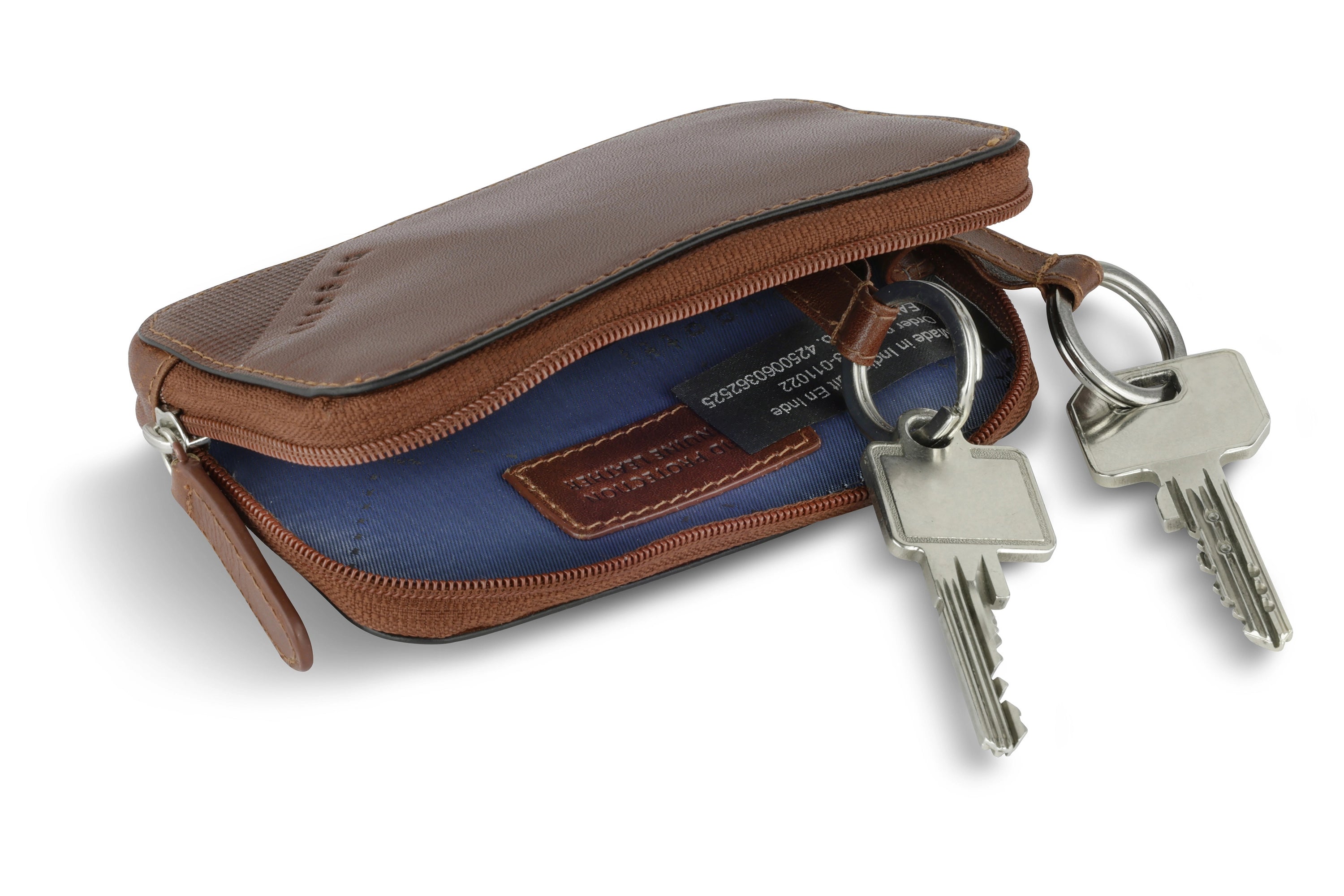 Braune bugatti Ledertasche mit Reißverschluss, blauer Innenstoff, zwei silberne Schlüssel.
