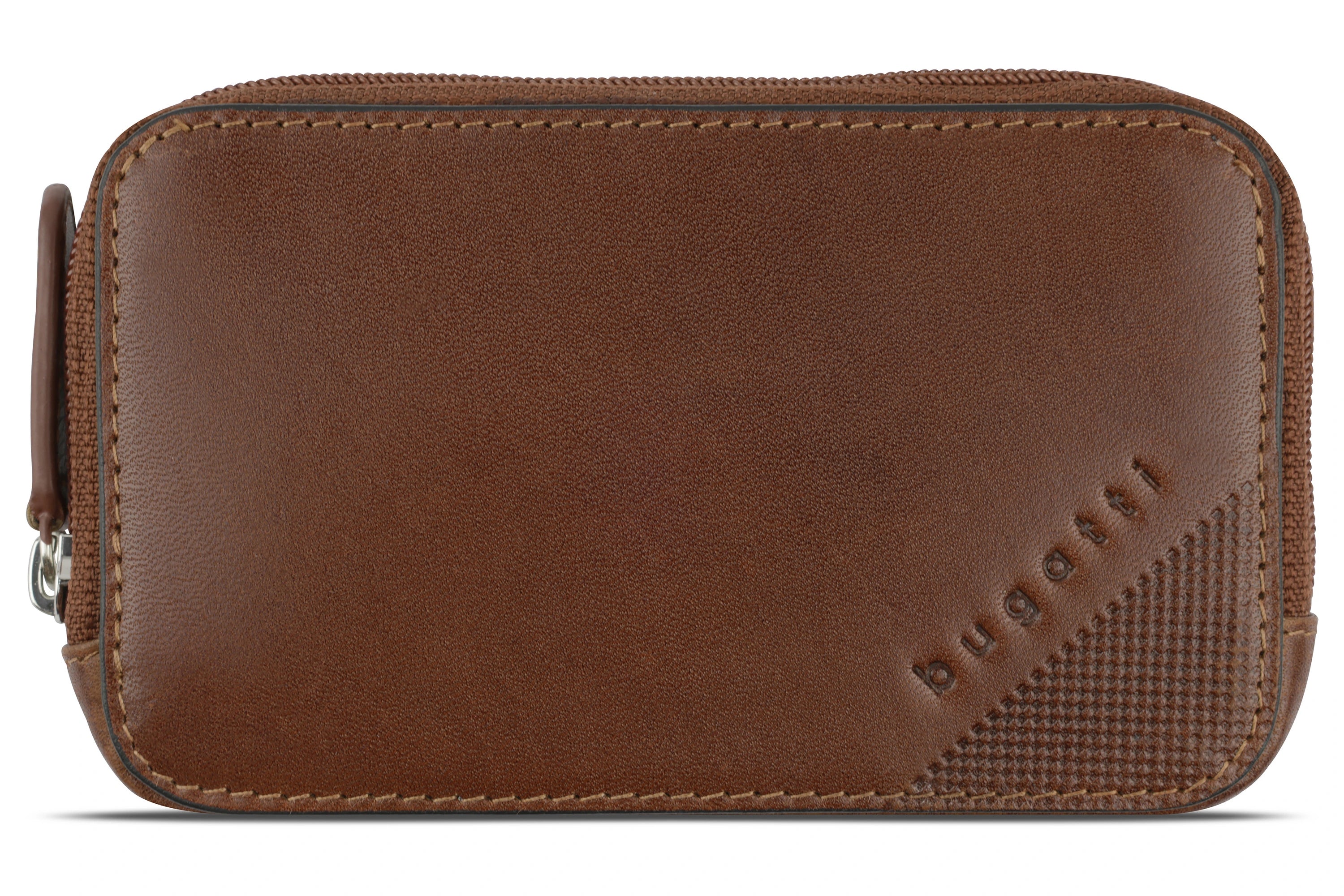 Braune Leder-Geldbörse von bugatti mit Reißverschluss, Detailprägung und hochwertiger Verarbeitung.