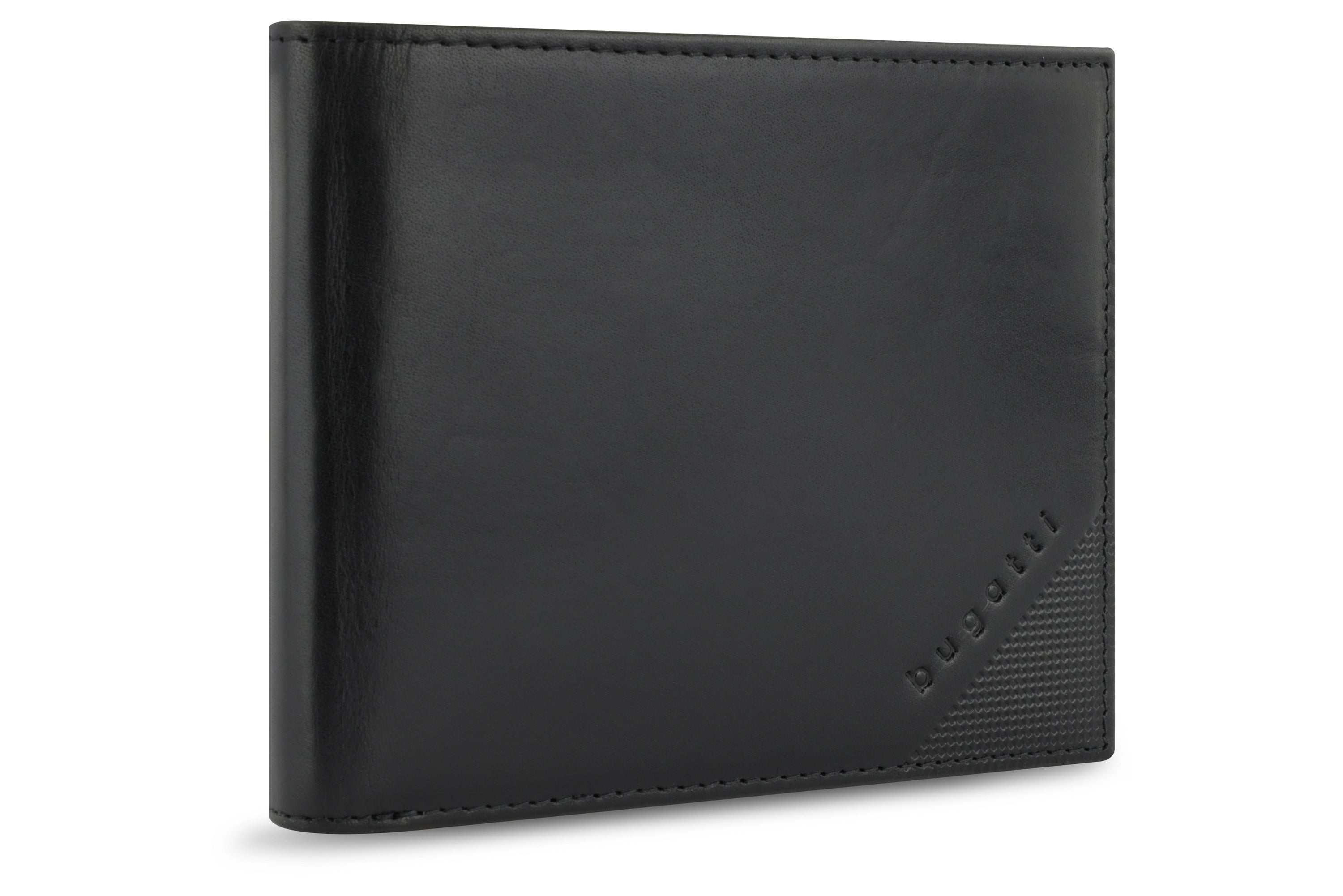 Schwarze bugatti Geldbörse aus Leder, Detailansicht mit Logo.