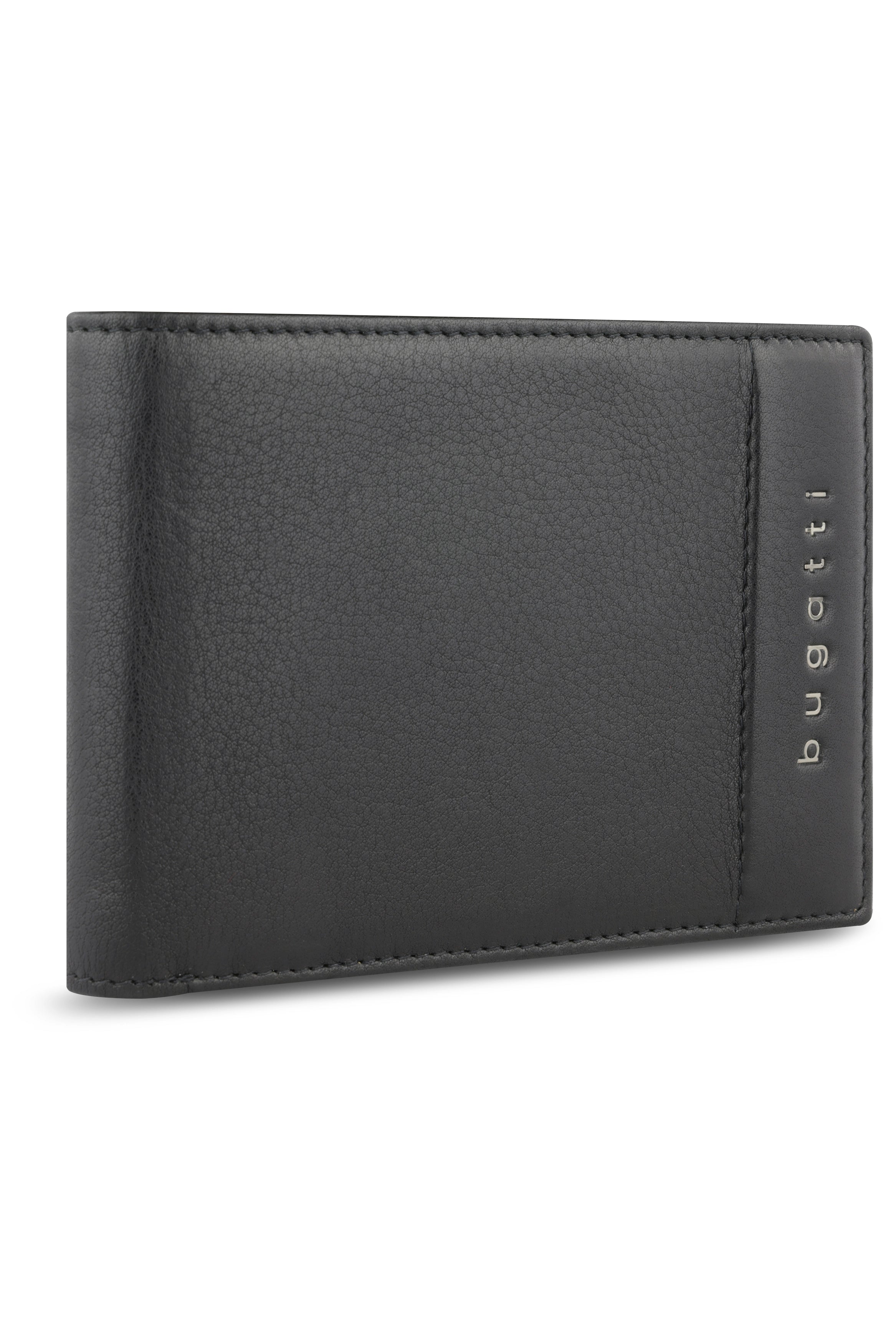 Schwarzes bugatti Portemonnaie aus Leder, schlichtes Design, Nahaufnahme.