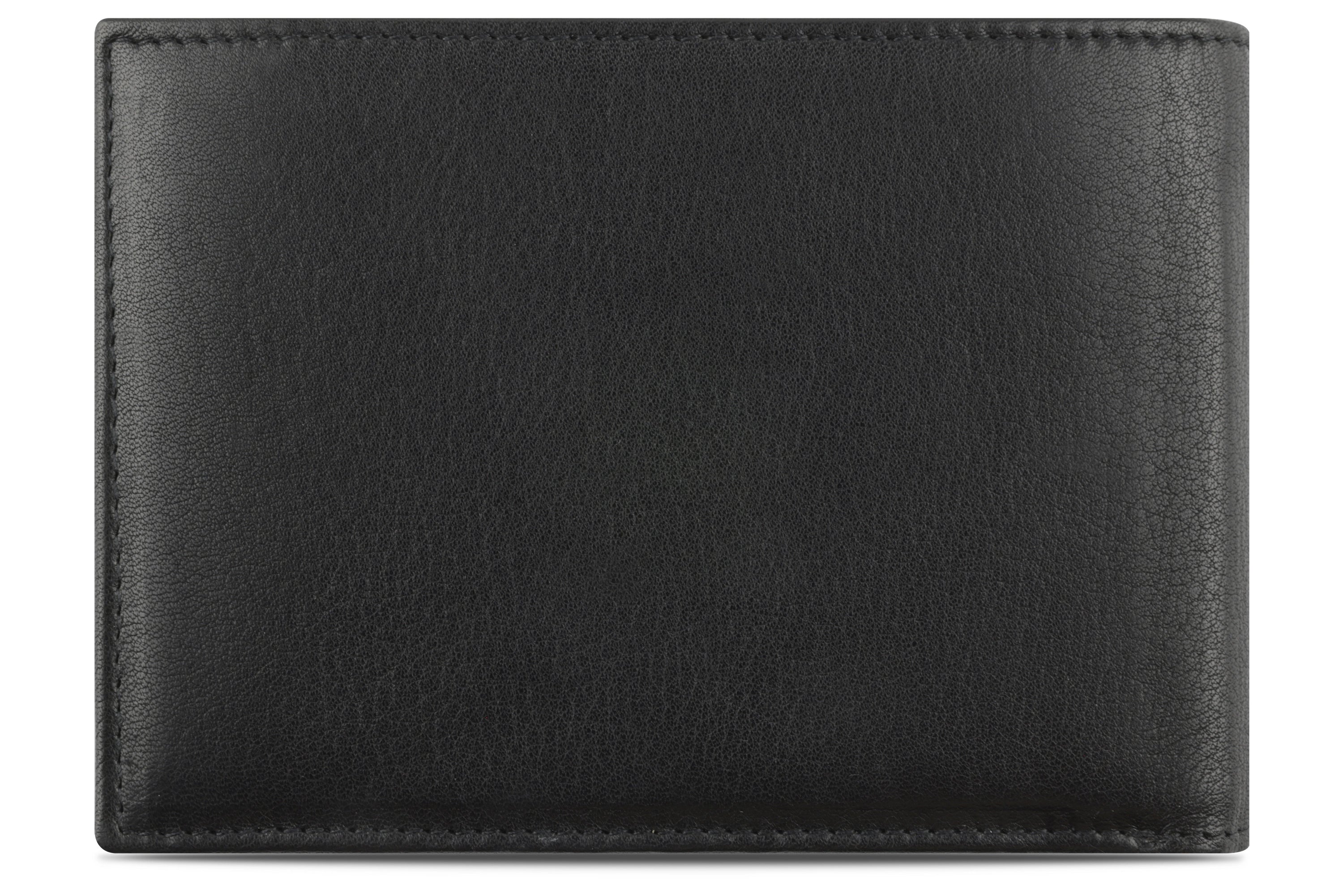 Schwarzes Lederportemonnaie auf Büstenbild, schlichtes Design, hochwertige Verarbeitung von bugatti.
