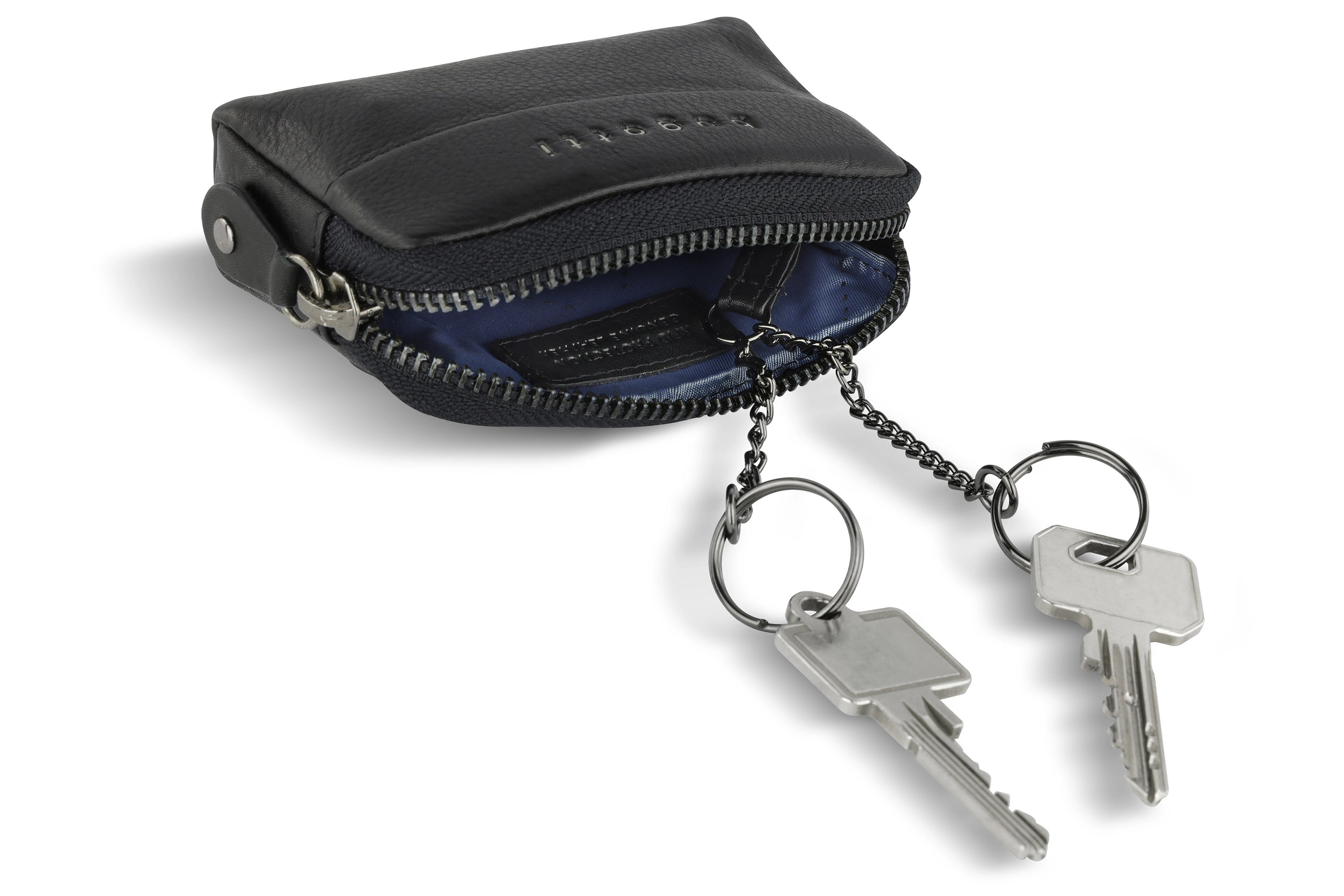 Kompakte schwarze bugatti Schlüsseletui aus Leder mit Kette und zwei silbernen Schlüsseln.