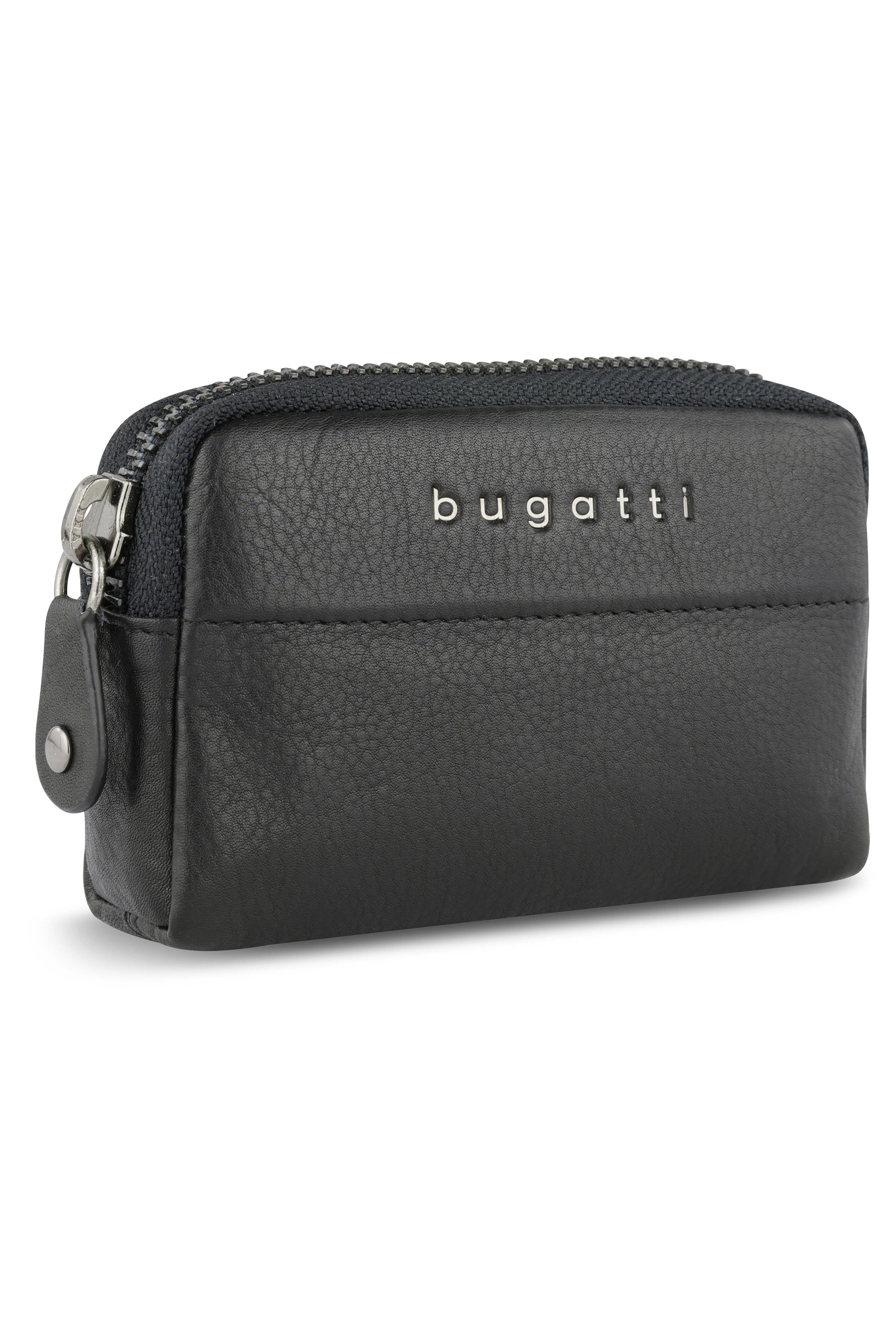 bugatti schwarze Leder-Tasche mit Reißverschluss, Detailaufnahme.