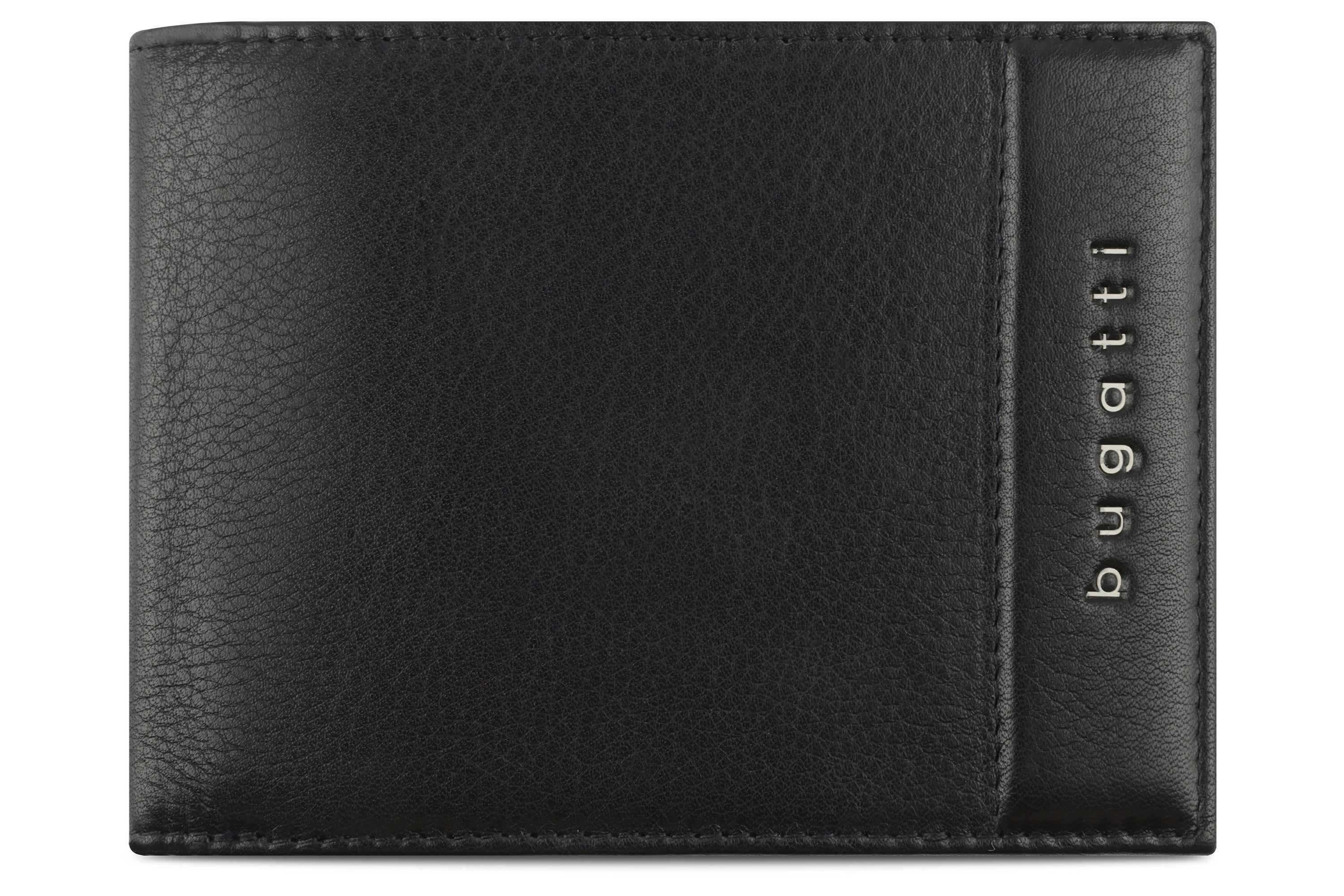 Schwarze bugatti Geldbörse aus Leder mit dezentem Logo, Detailaufnahme.