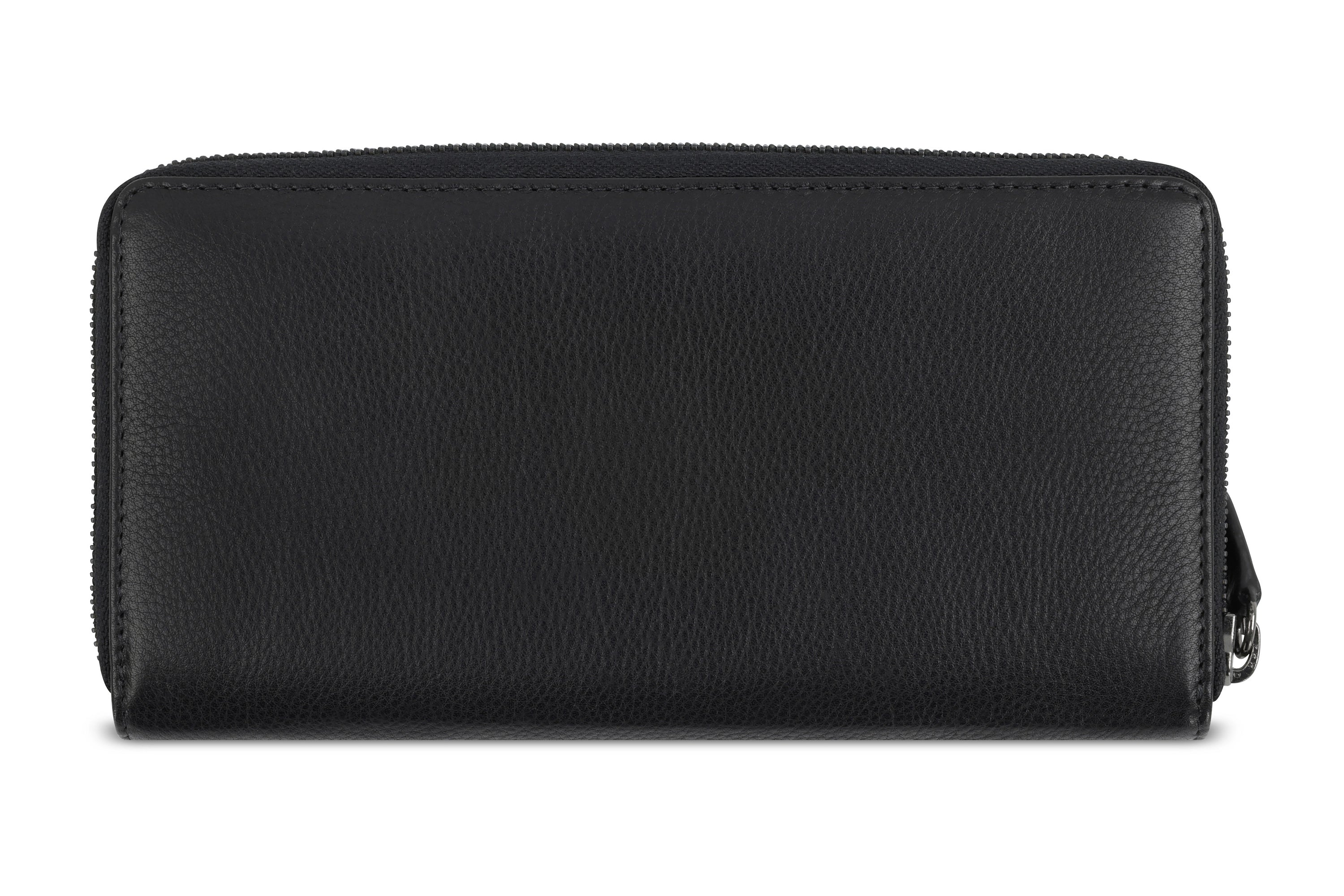 Schwarze bugatti Geldbörse aus hochwertigem Leder. Büstenbild, minimalistisches Design.