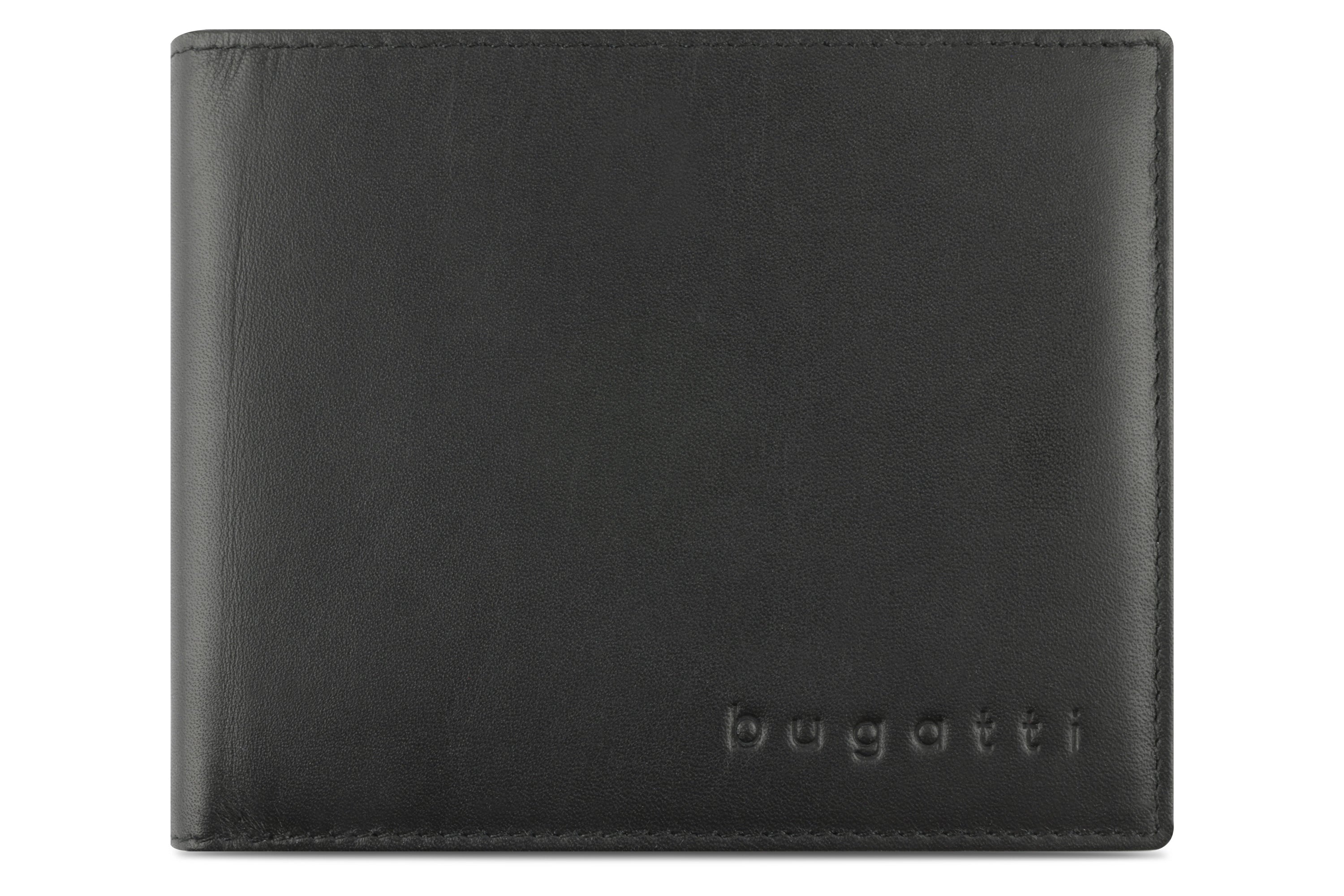 Schwarze bugatti Geldbörse aus Leder, schlichtes Design, Büstenbild.