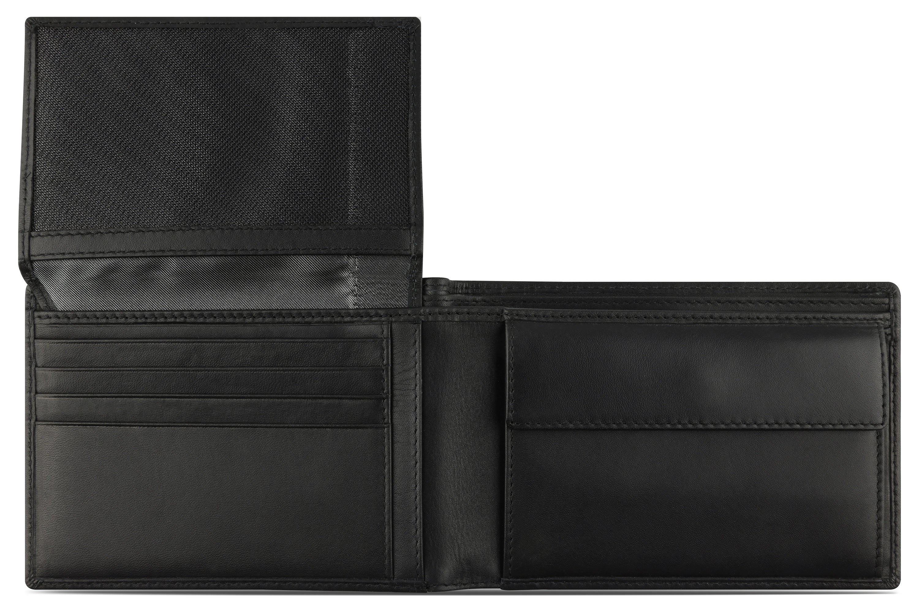 Schwarze bugatti Geldbörse aus Leder, offen mit Kartenfächern, elegantes Design für zeitlose Raffinesse.