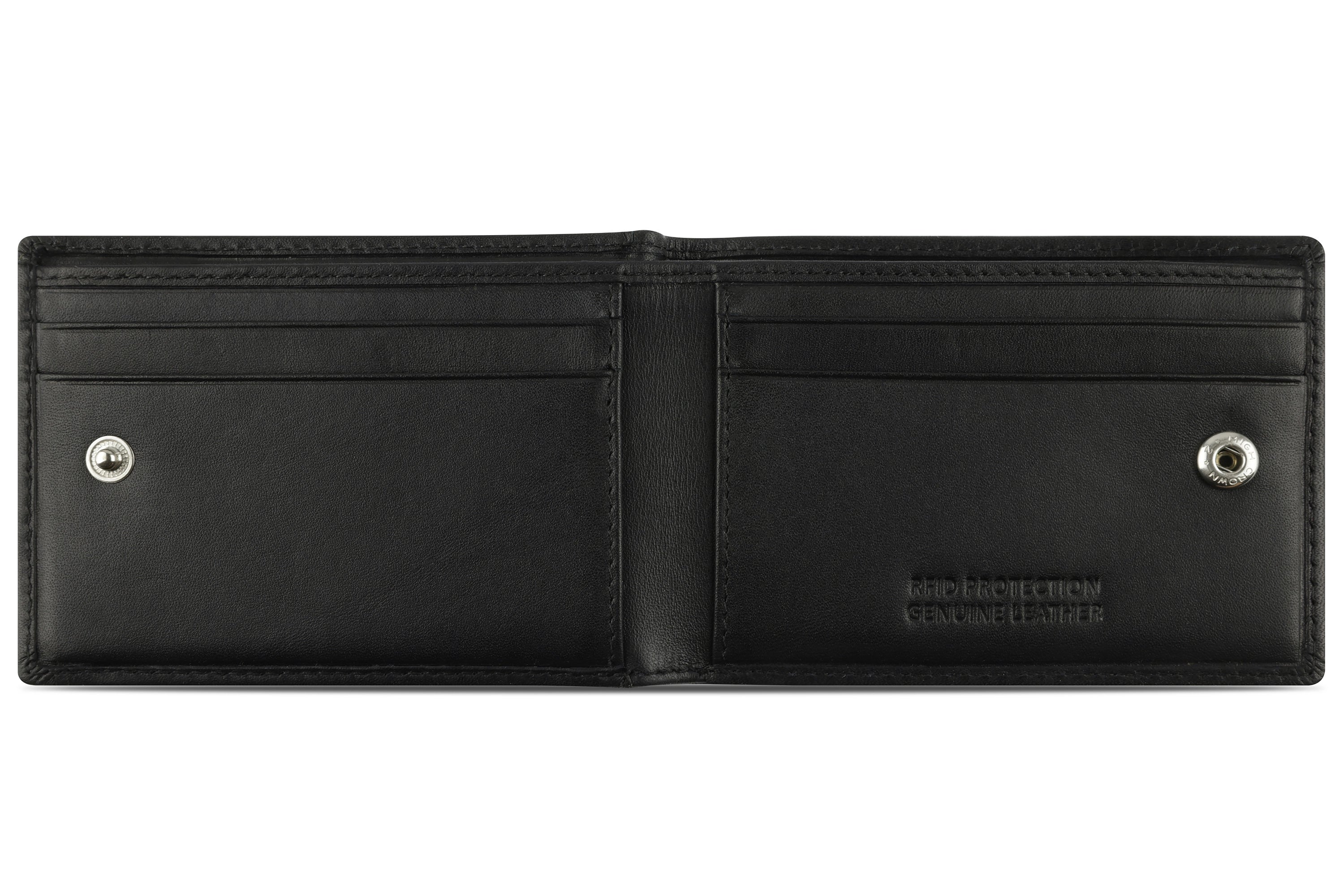Schwarzes bugatti Portemonnaie aus Leder, geöffnet, zeigt Fächer und Druckknöpfe.