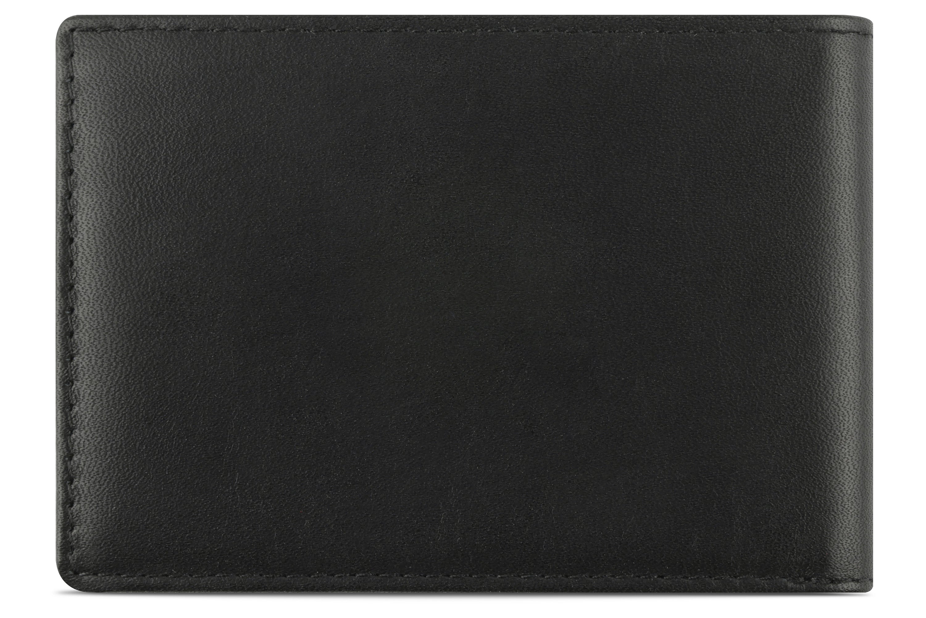 Schwarzes bugatti Portemonnaie aus Leder, schlichtes Design, Nahaufnahme.