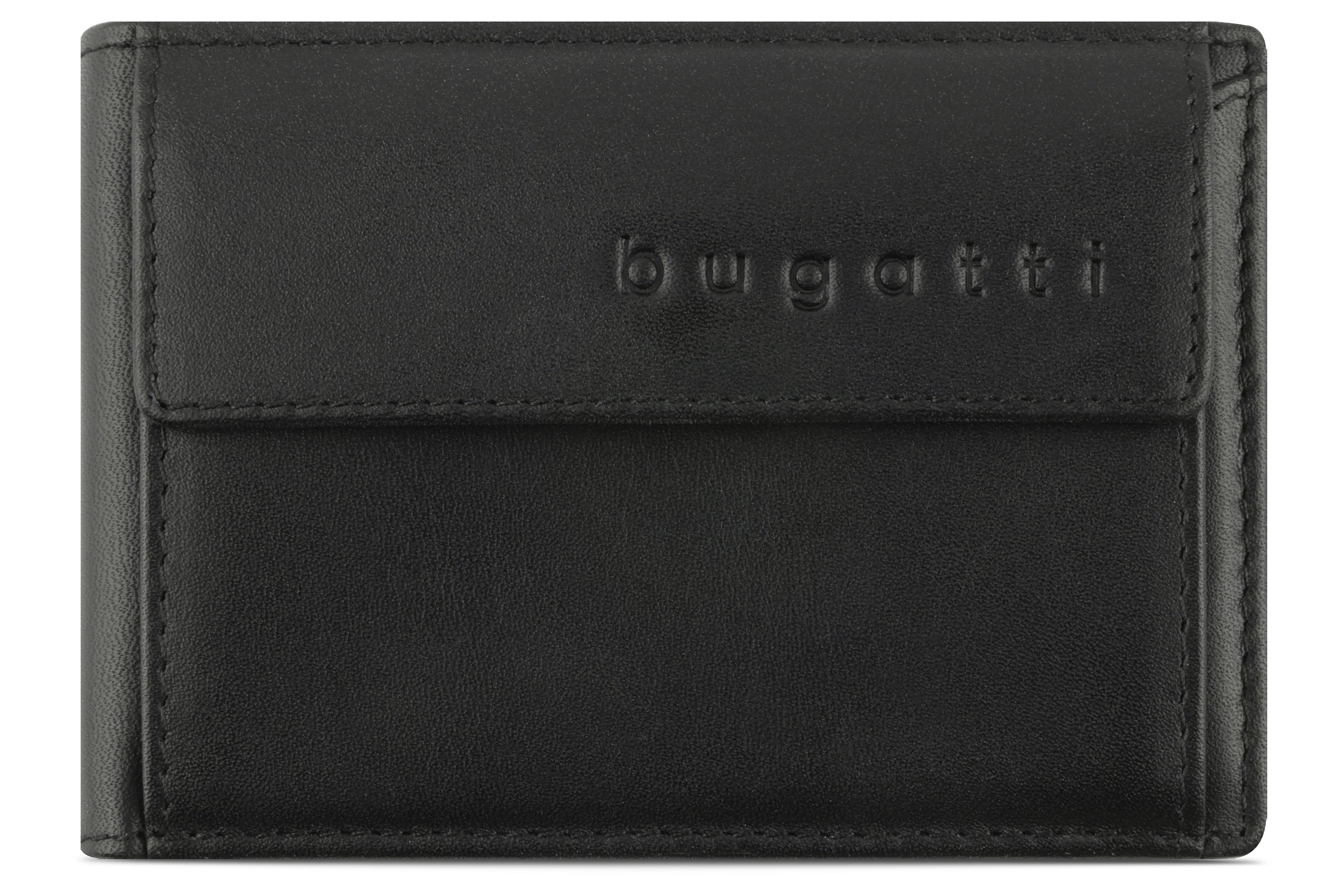 bugatti schwarze Lederbörse, Detailansicht, schlichtes Design.
