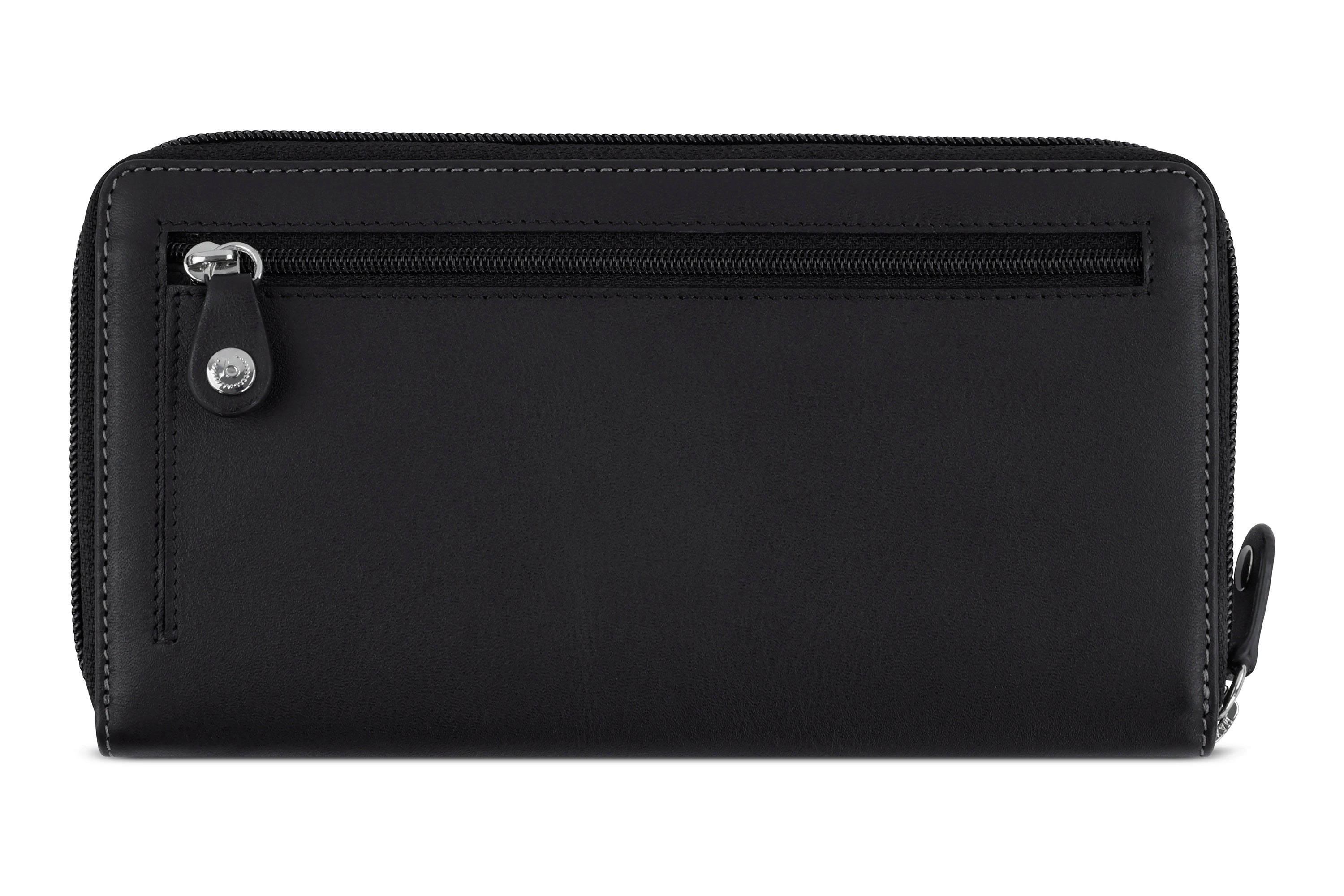 Schwarze bugatti Geldbörse mit Reißverschluss, elegantes Design, hochwertige Verarbeitung, Büstenbild.