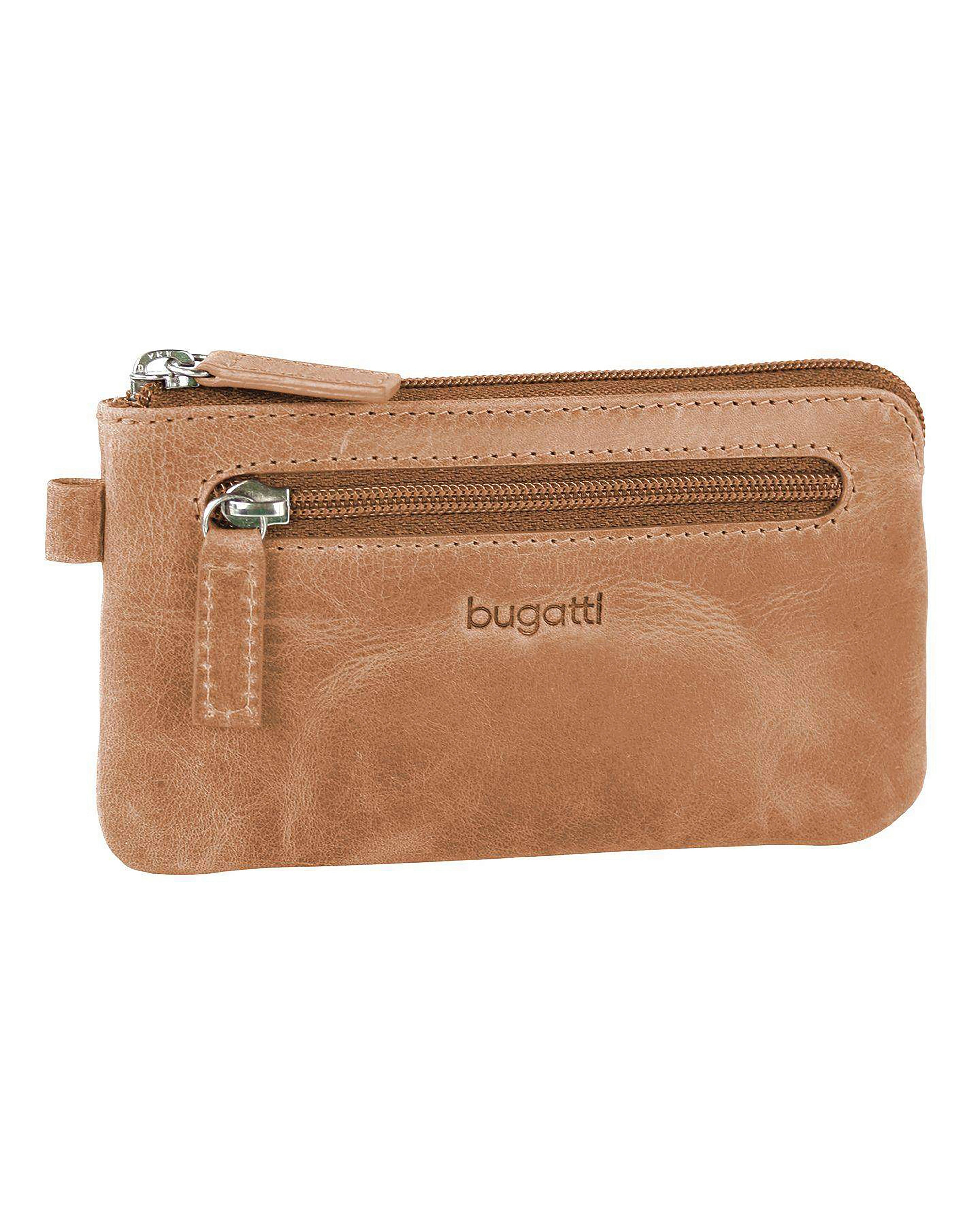 Braune Leder-Geldbörse von bugatti mit Reißverschluss, elegantes Design, Detailaufnahme.