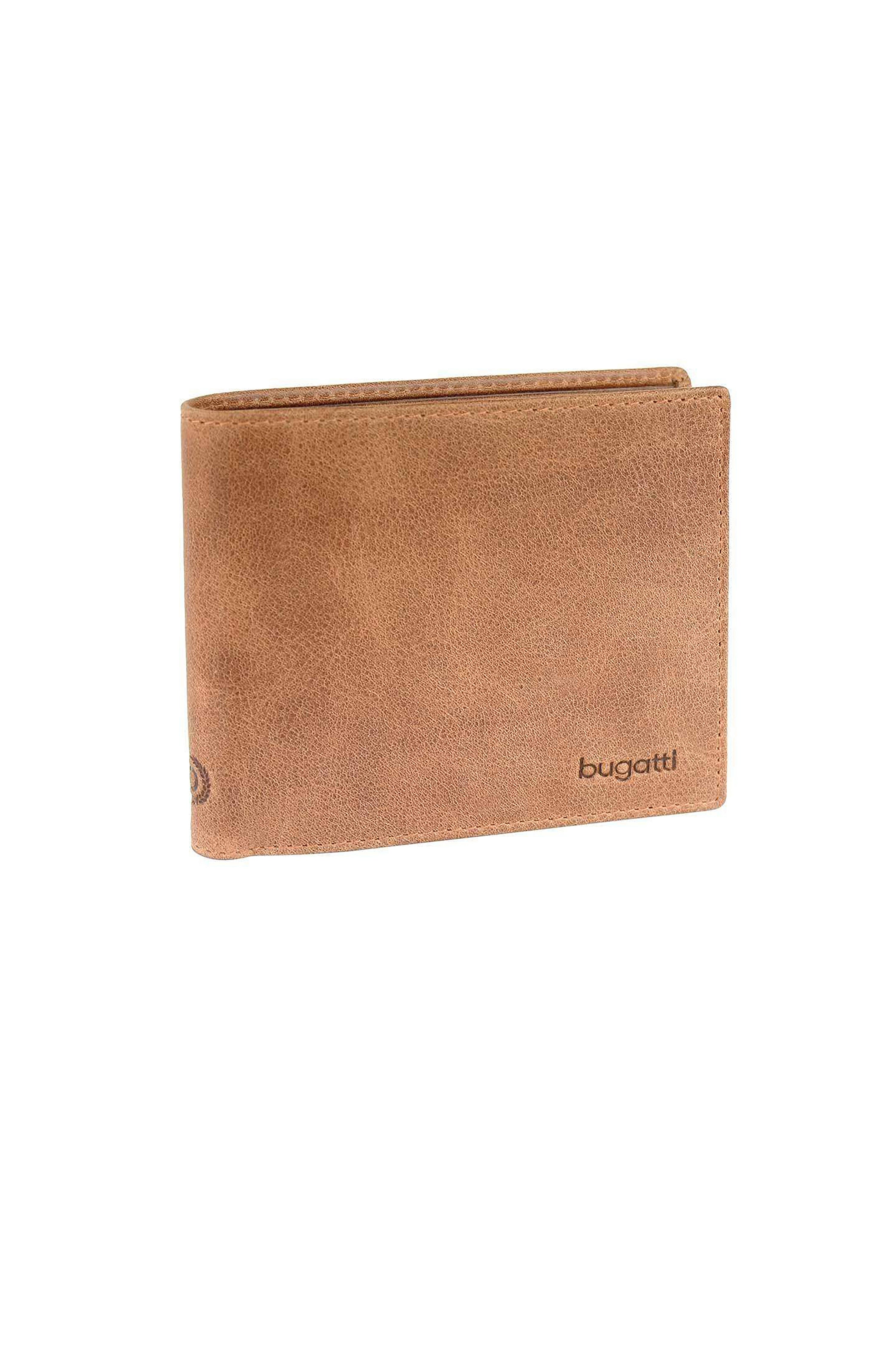 Braune bugatti Leder-Geldbörse mit Logo-Prägung, klassisches Design, hochwertiges Material.