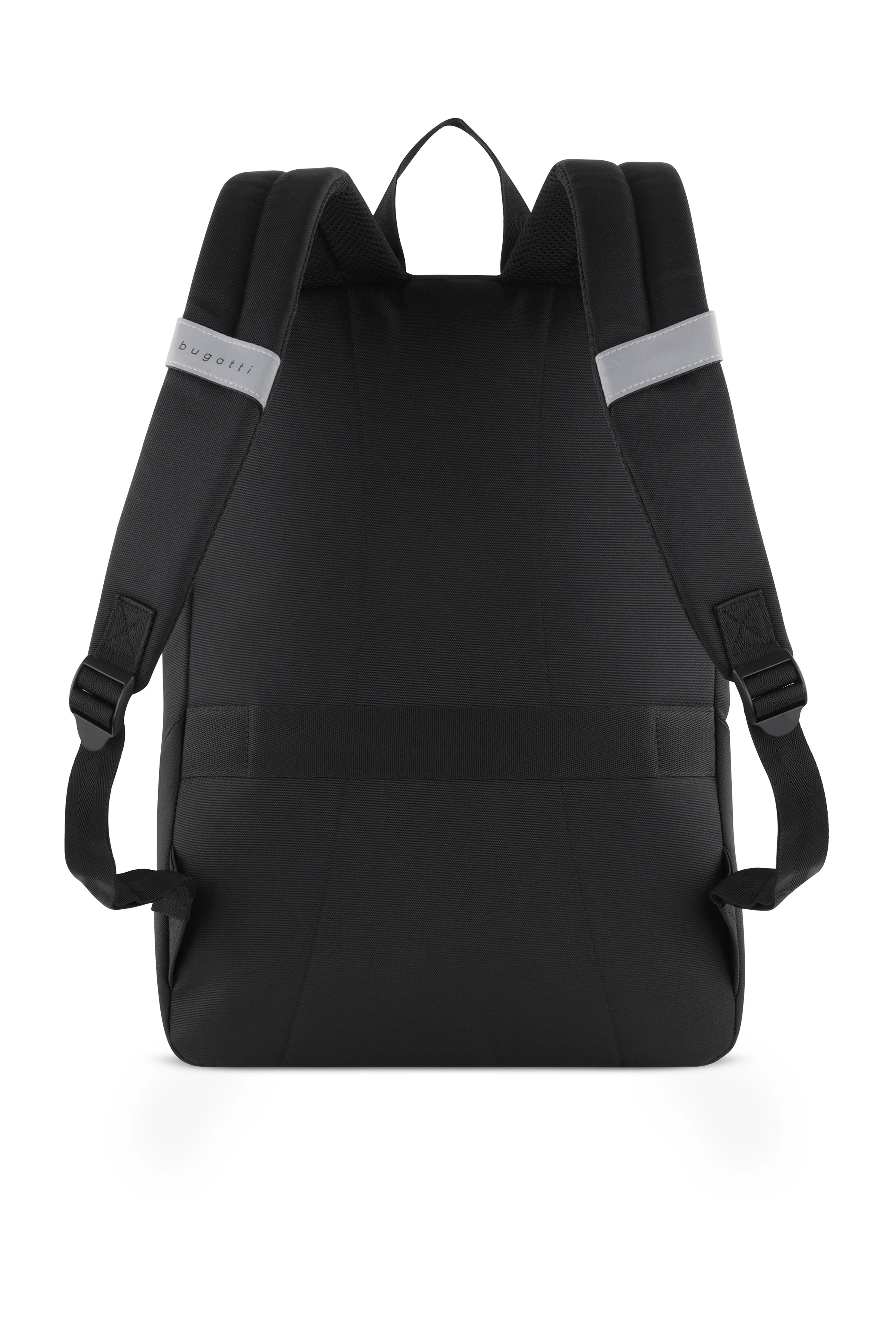 Schwarzer bugatti Rucksack, Rückansicht, minimalistisch, mit gepolsterten Trägern, elegantes Design.