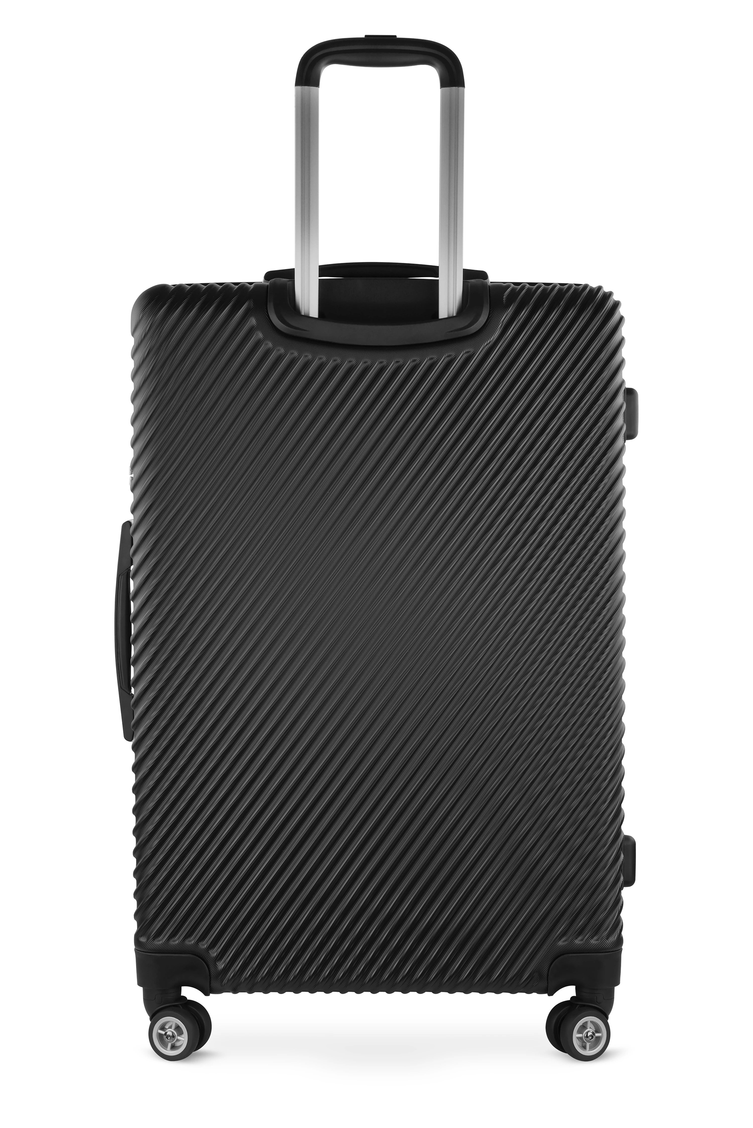 Schwarzer bugatti Koffer mit Rillenmuster, vier Rollen, Teleskopgriff, elegantes Design.