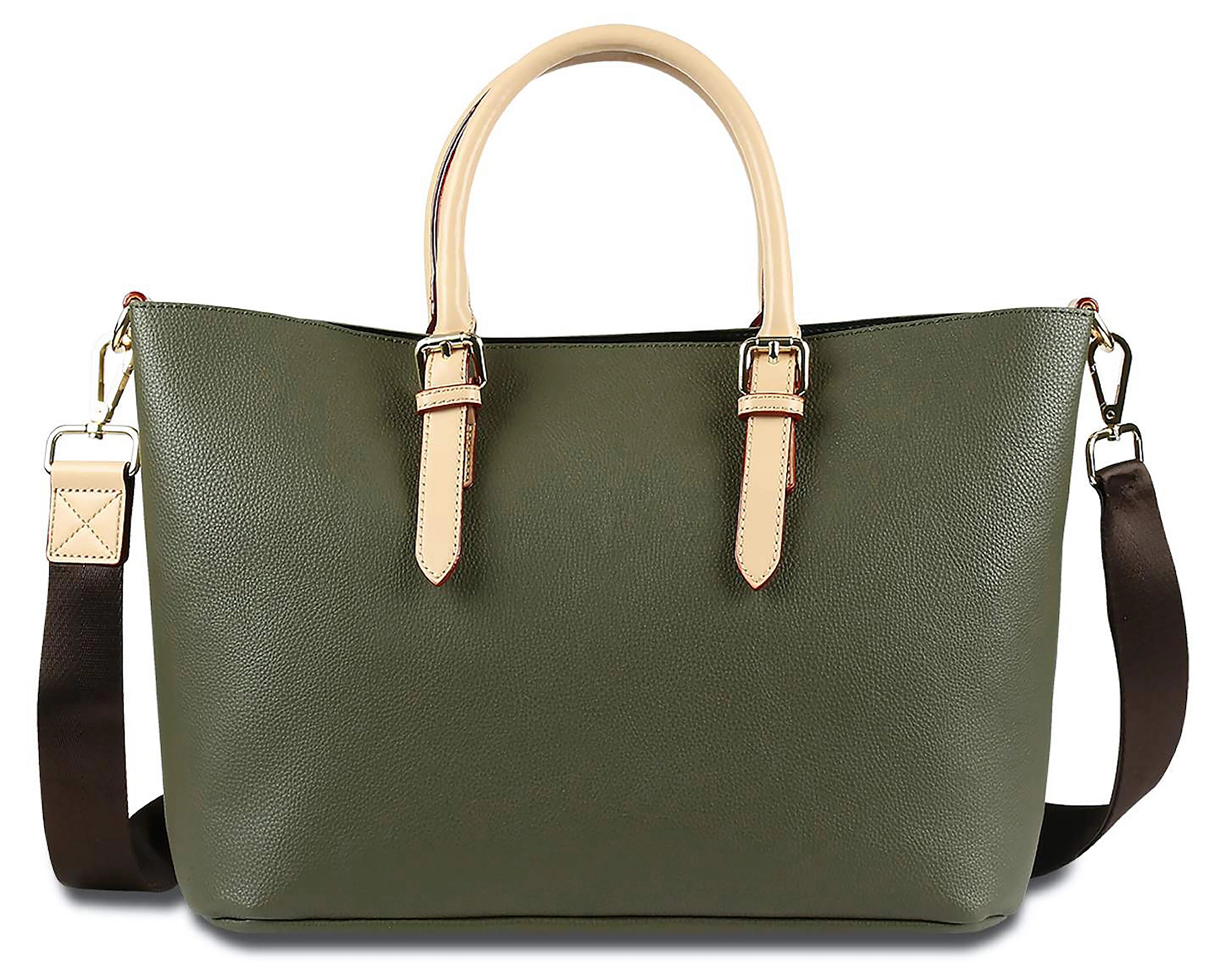 Grüne bugatti Handtasche mit beigem Griff und abnehmbarem Schultergurt, leger präsentiert.