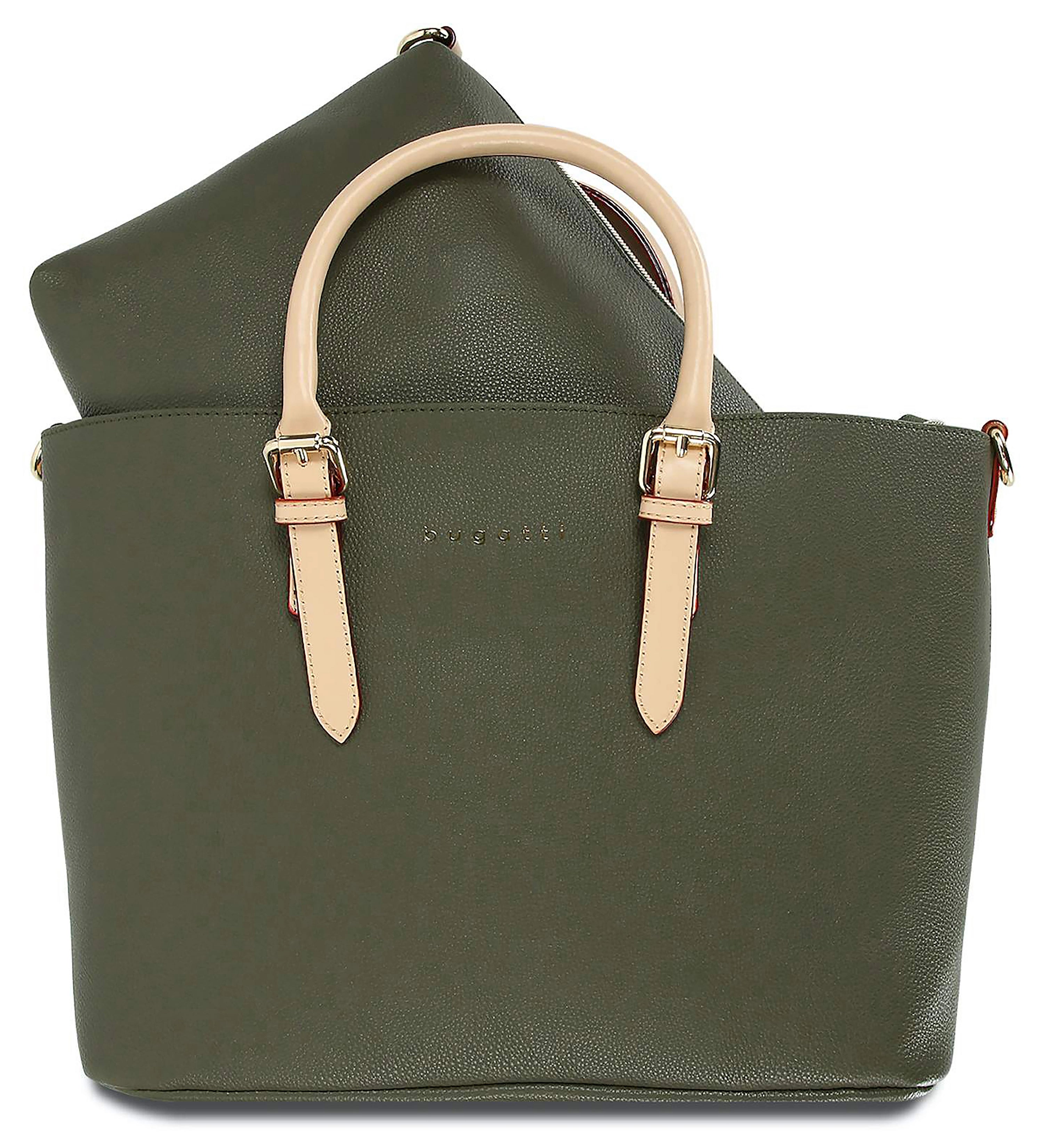 Grüne bugatti Tasche mit beigen Henkeln, eleganter Look.