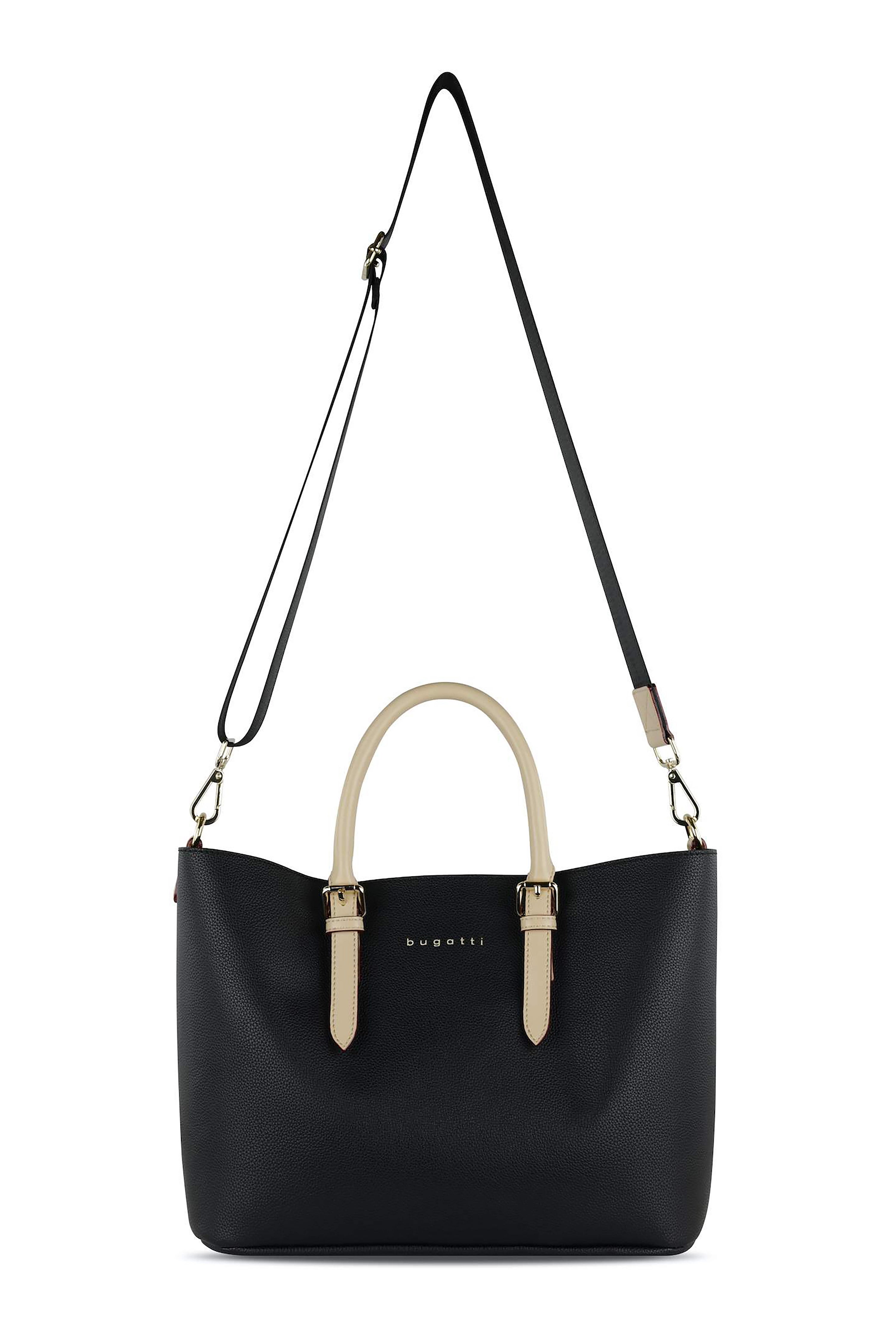 Schwarze bugatti Handtasche mit beigen Griffen, elegantes Design, hochwertige Materialien.