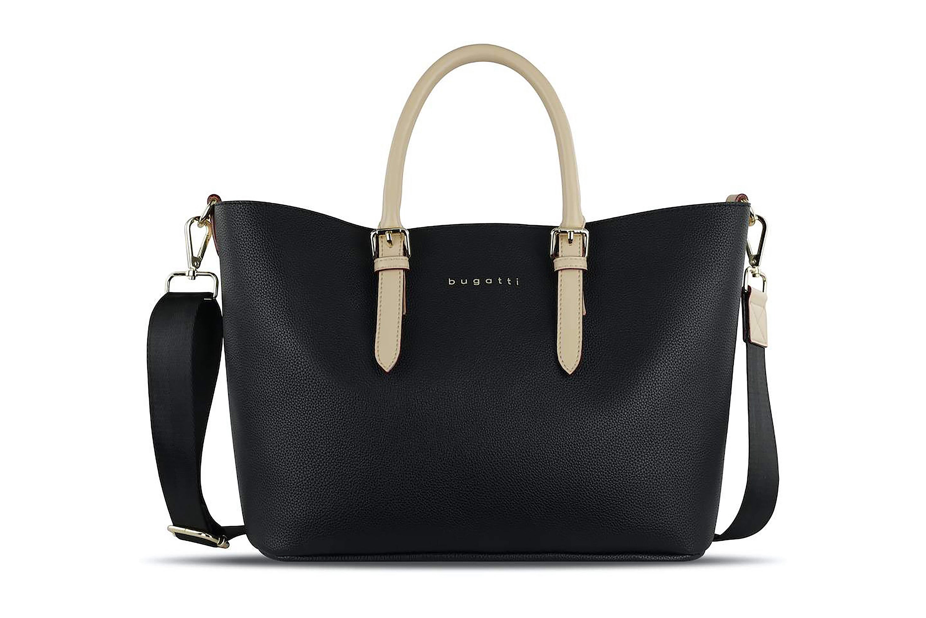 Elegante bugatti Tasche in Schwarz mit beigen Henkeln, Büstenbild.