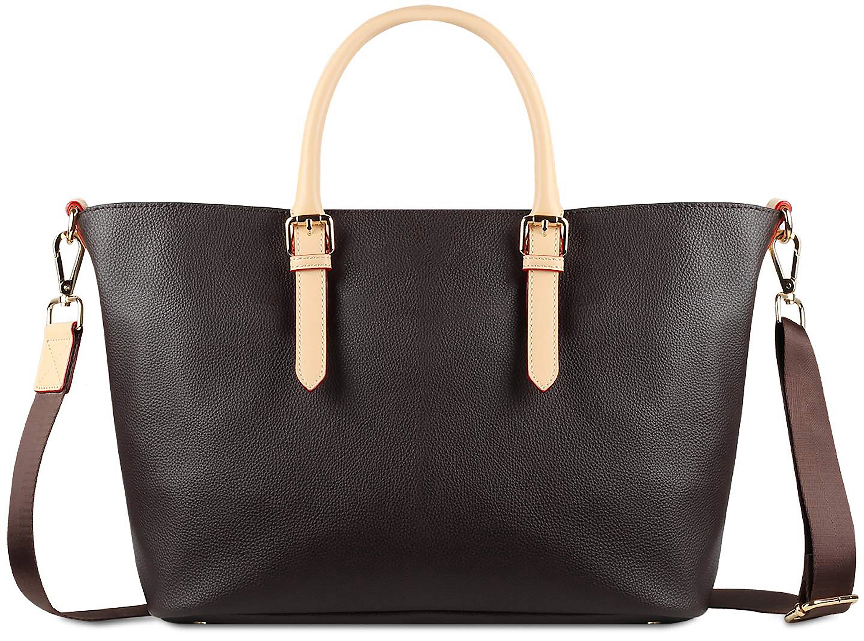 Luxuriöse bugatti Tasche aus dunkelbraunem Leder mit hellen Griffen und abnehmbarem Schulterriemen.