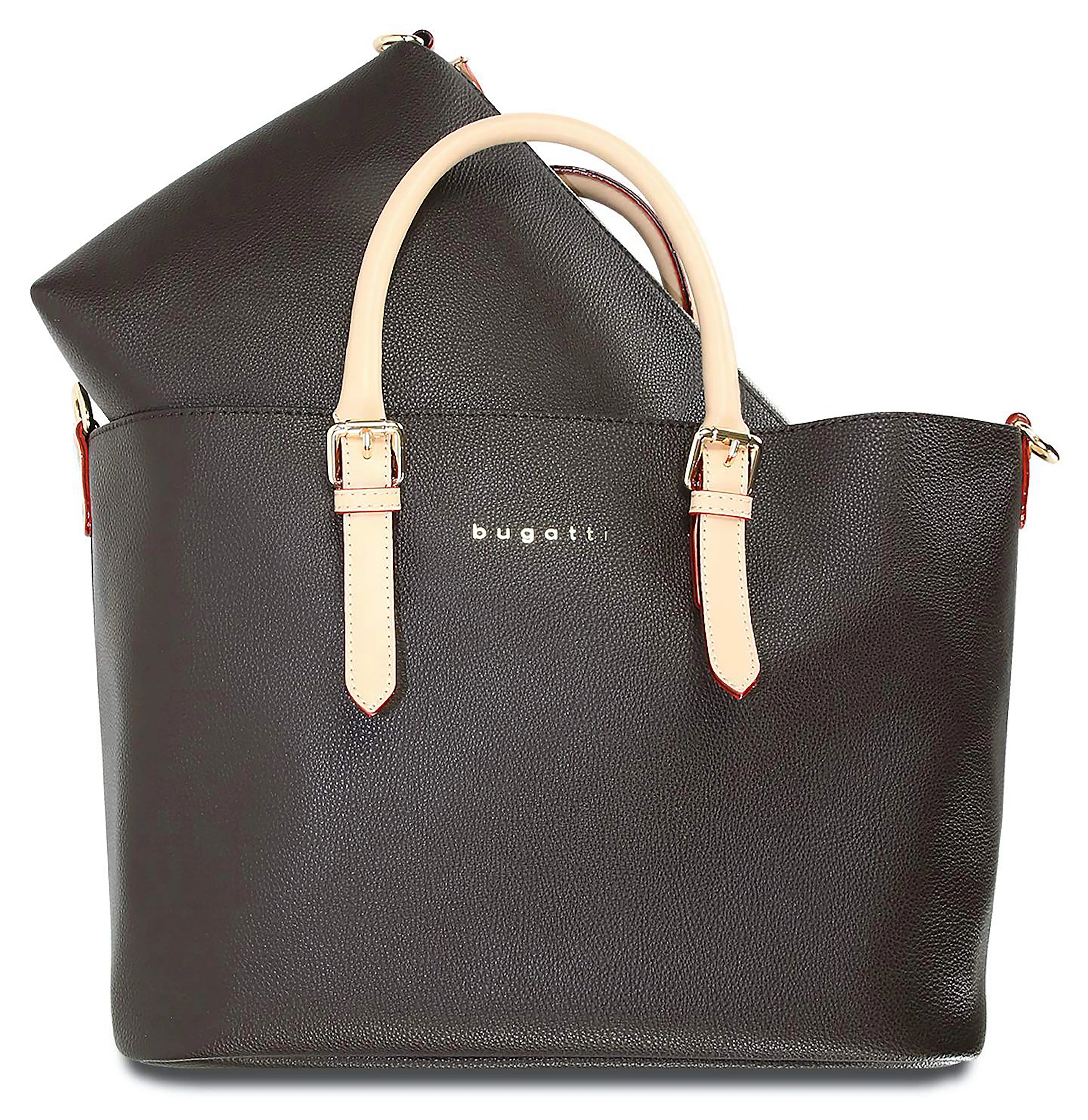 bugatti schwarze Tasche mit beigen Griffen, elegantes Design, Produktbild ohne Model.