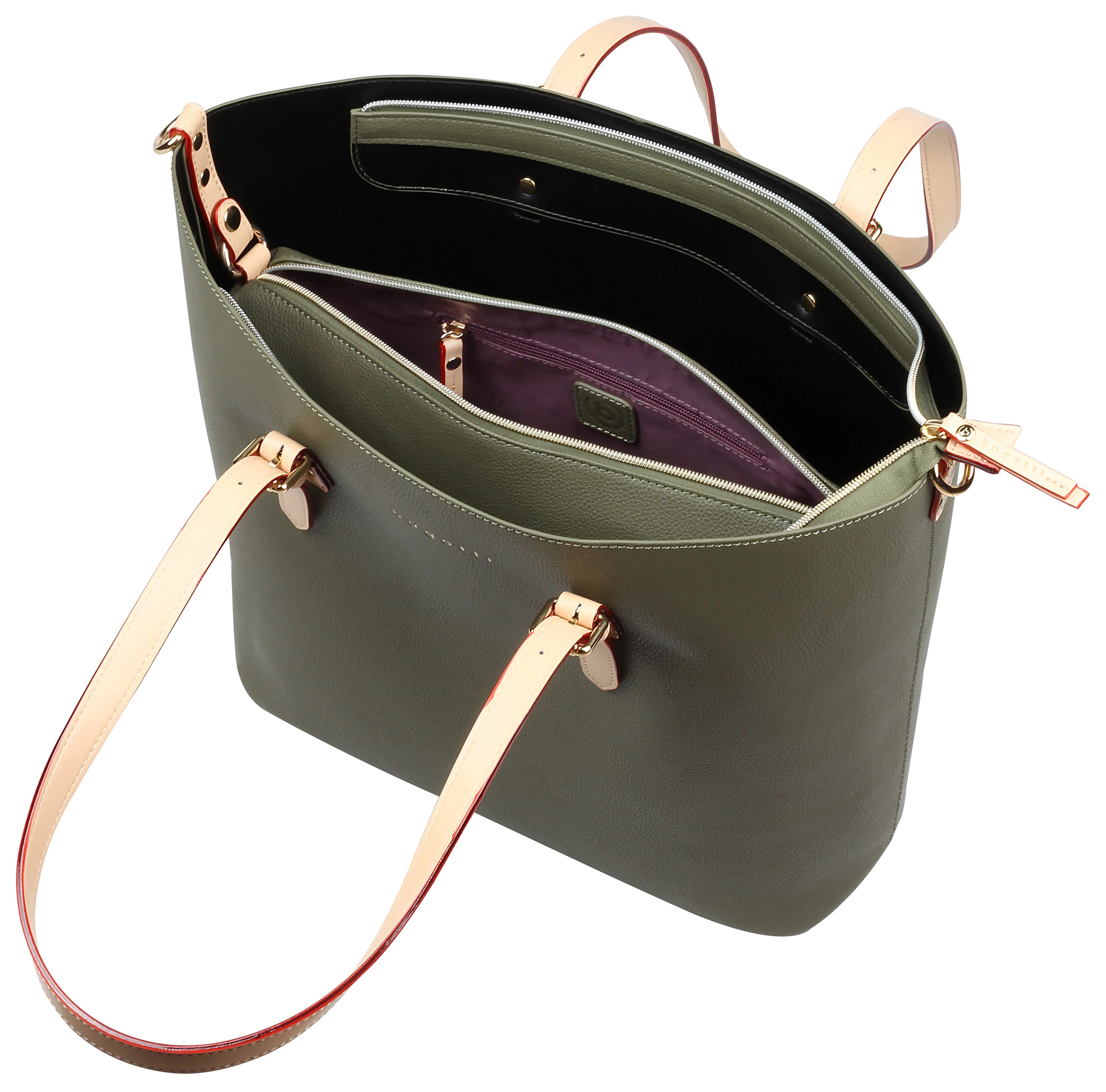 Olivegrüne bugatti Ledertasche mit beige Trägern und violettem Innenfutter, Detailansicht.