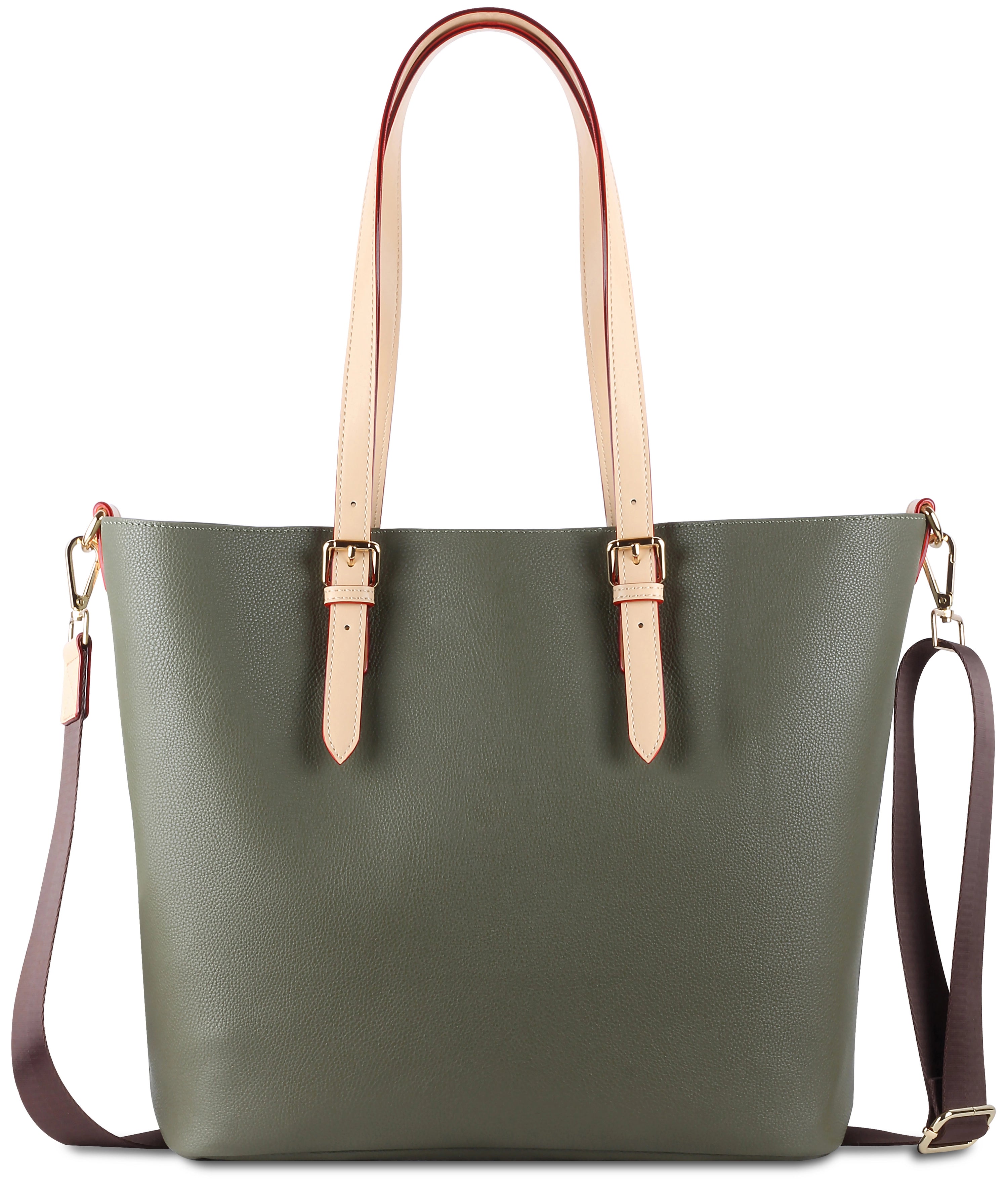 Grüne bugatti Ledertasche mit beigen Griffen und braunem Schultergurt. Produktbild.