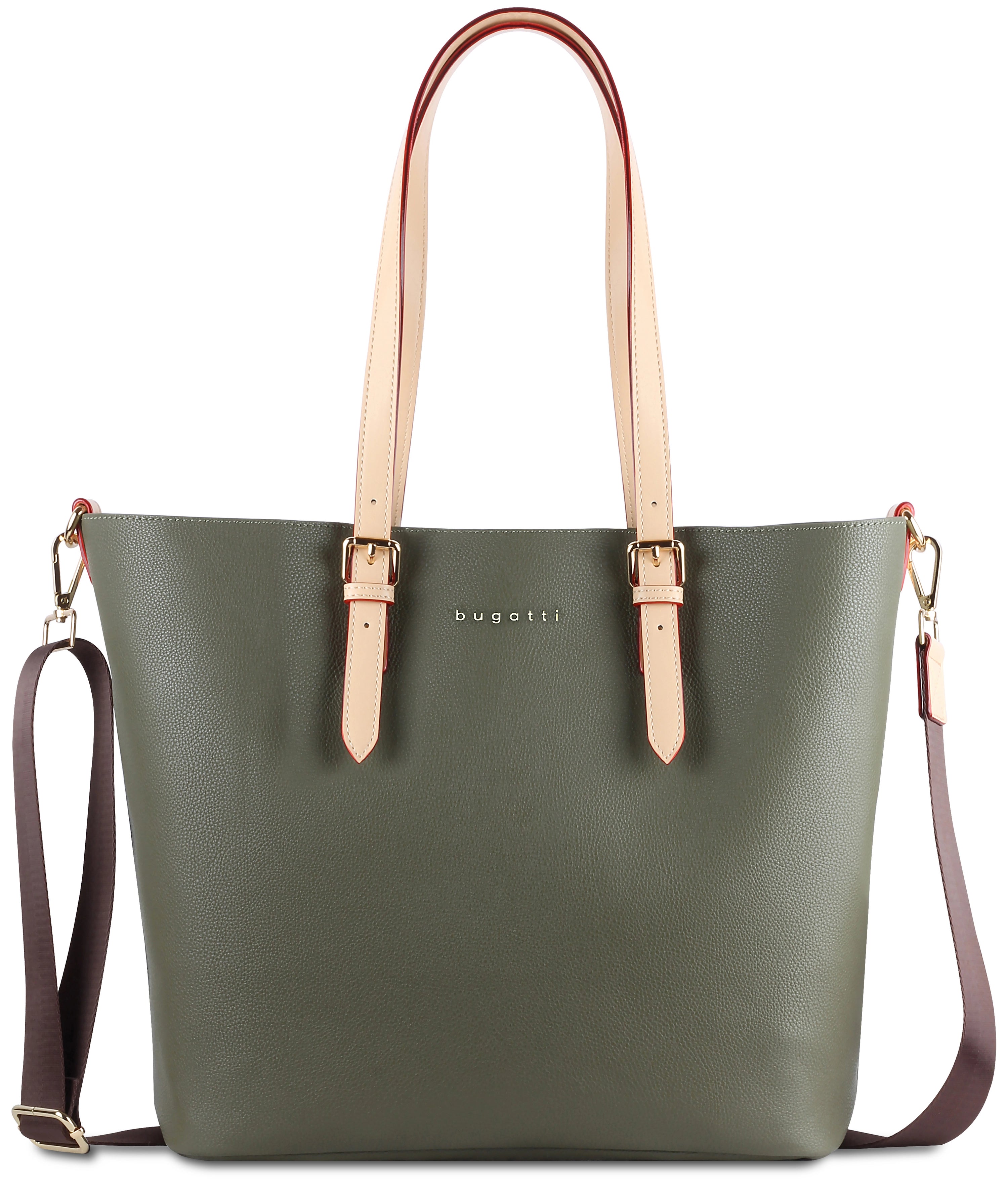 Grüne bugatti Tasche mit beigen Riemen, Legerbild, zeitloses Design.